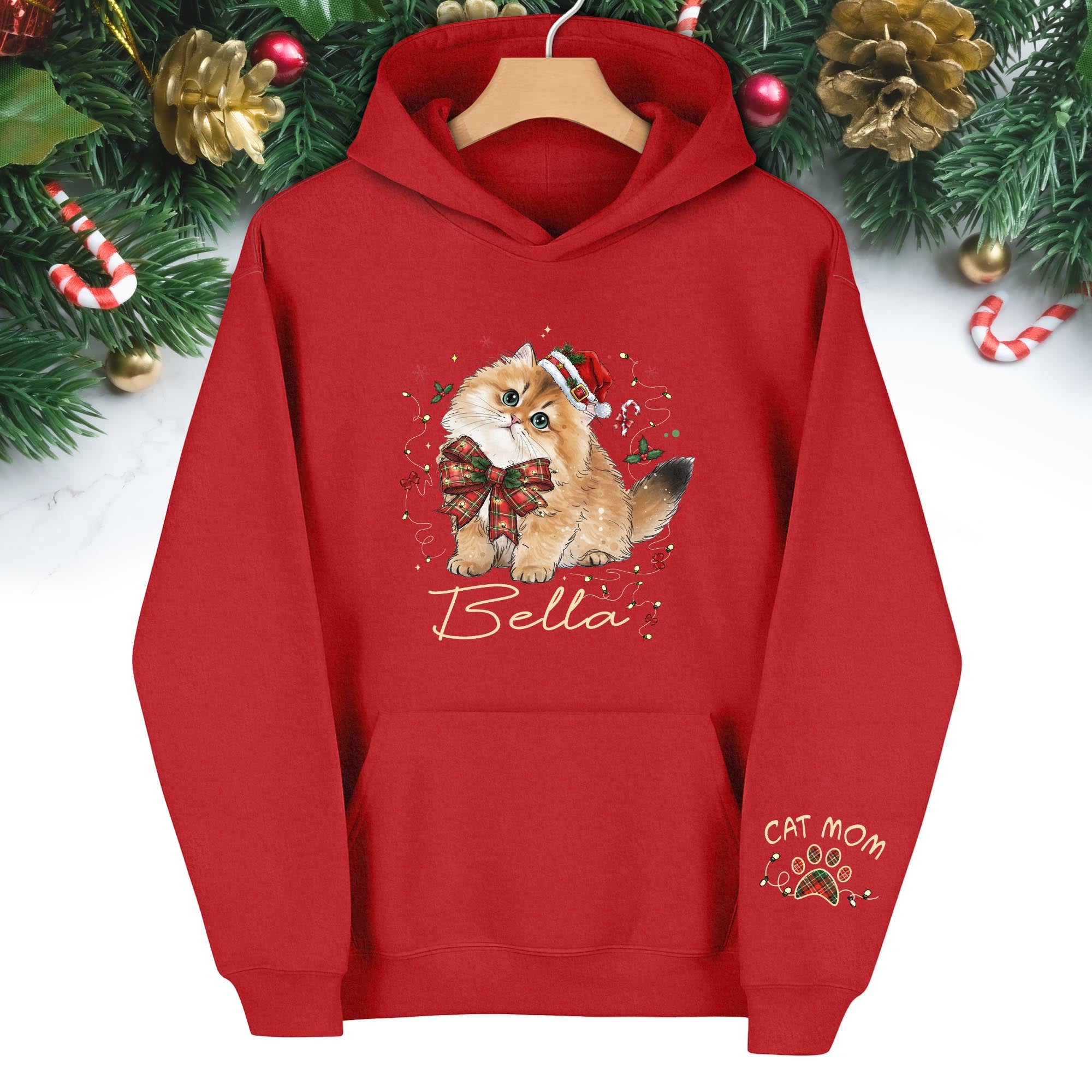 Personalized Cat Portrait Christmas Hoodie – Custom Pet Photo Gift for Cat Moms