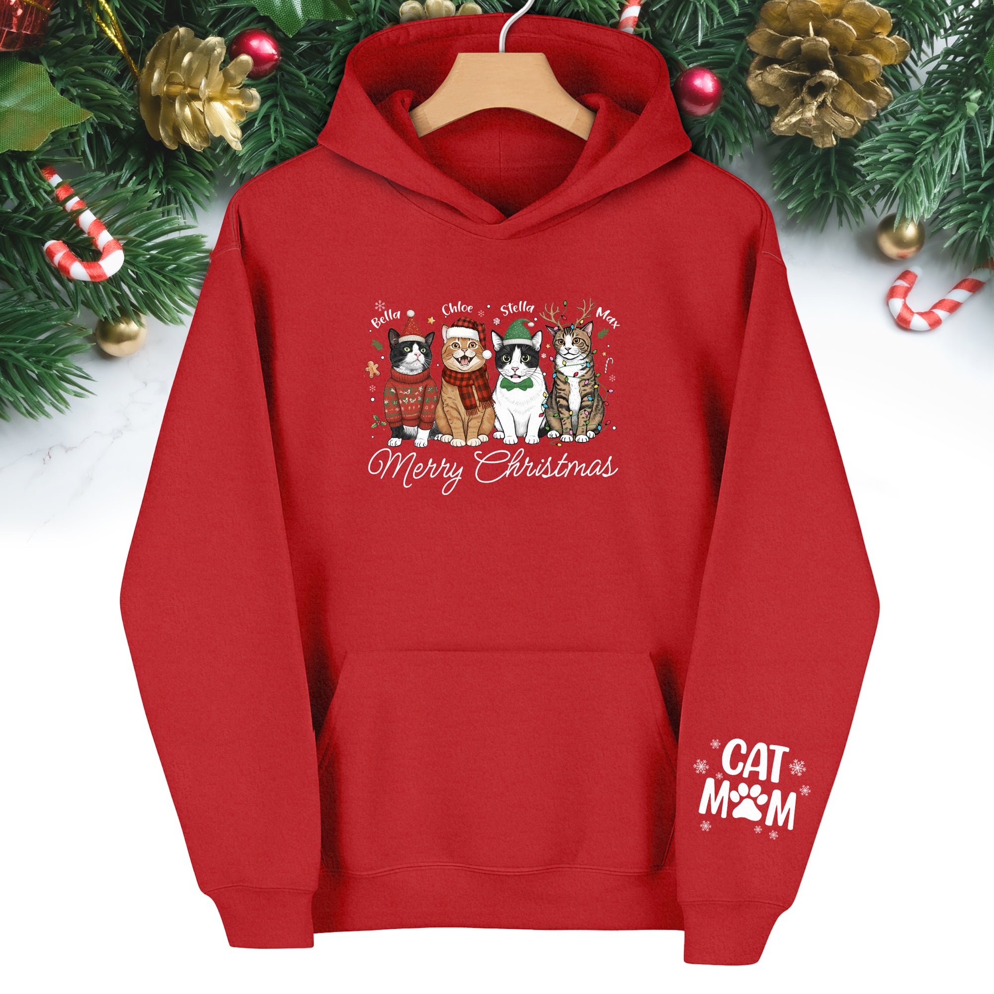 Custom Pet Christmas Hoodie – Personalized Cat Photo Hoodie for Pet Moms