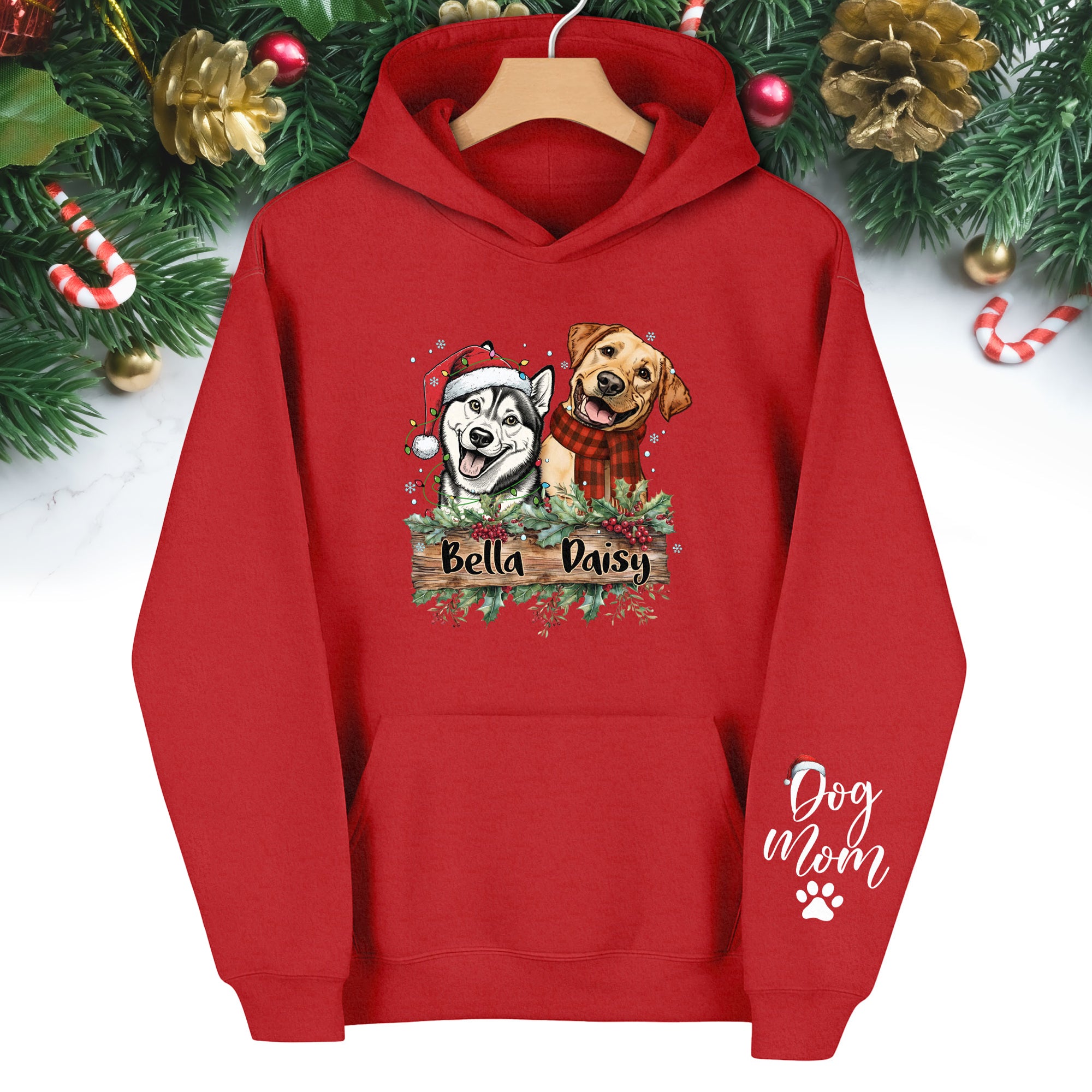 Dog Mom Christmas Hoodie – Custom Pet Photo Hoodie, Personalized Holiday Gift for Dog Mom