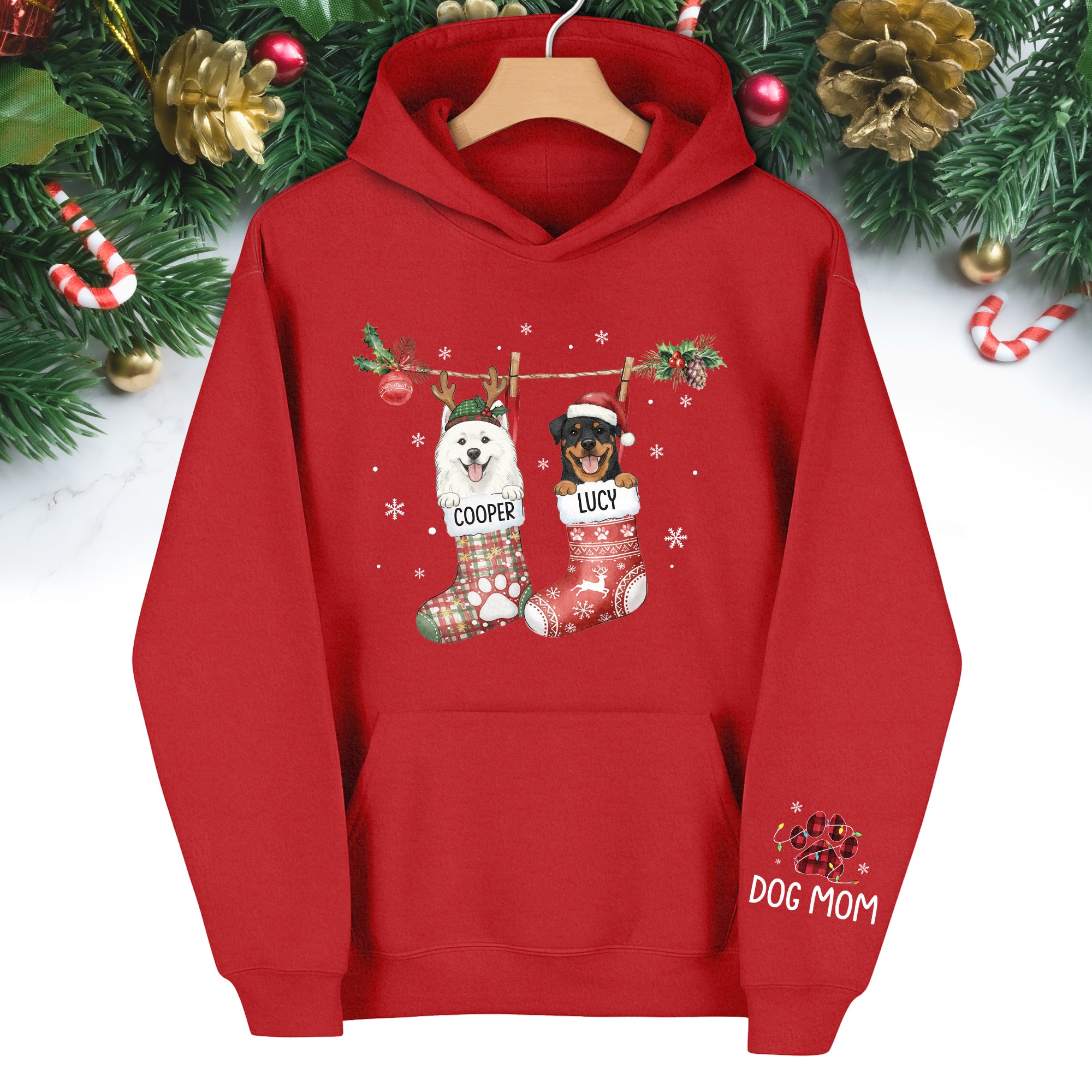 Custom Christmas Dog Hoodie – Personalized Holiday Hoodie with Your Dog’s Photo in Festive Stockings