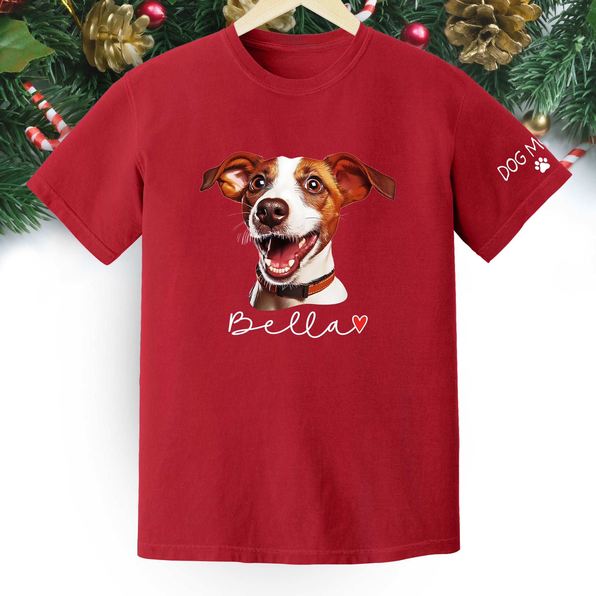 Dog Mom Christmas Shirt – Custom Pet Portrait Tee, Personalized Holiday Gift for Women