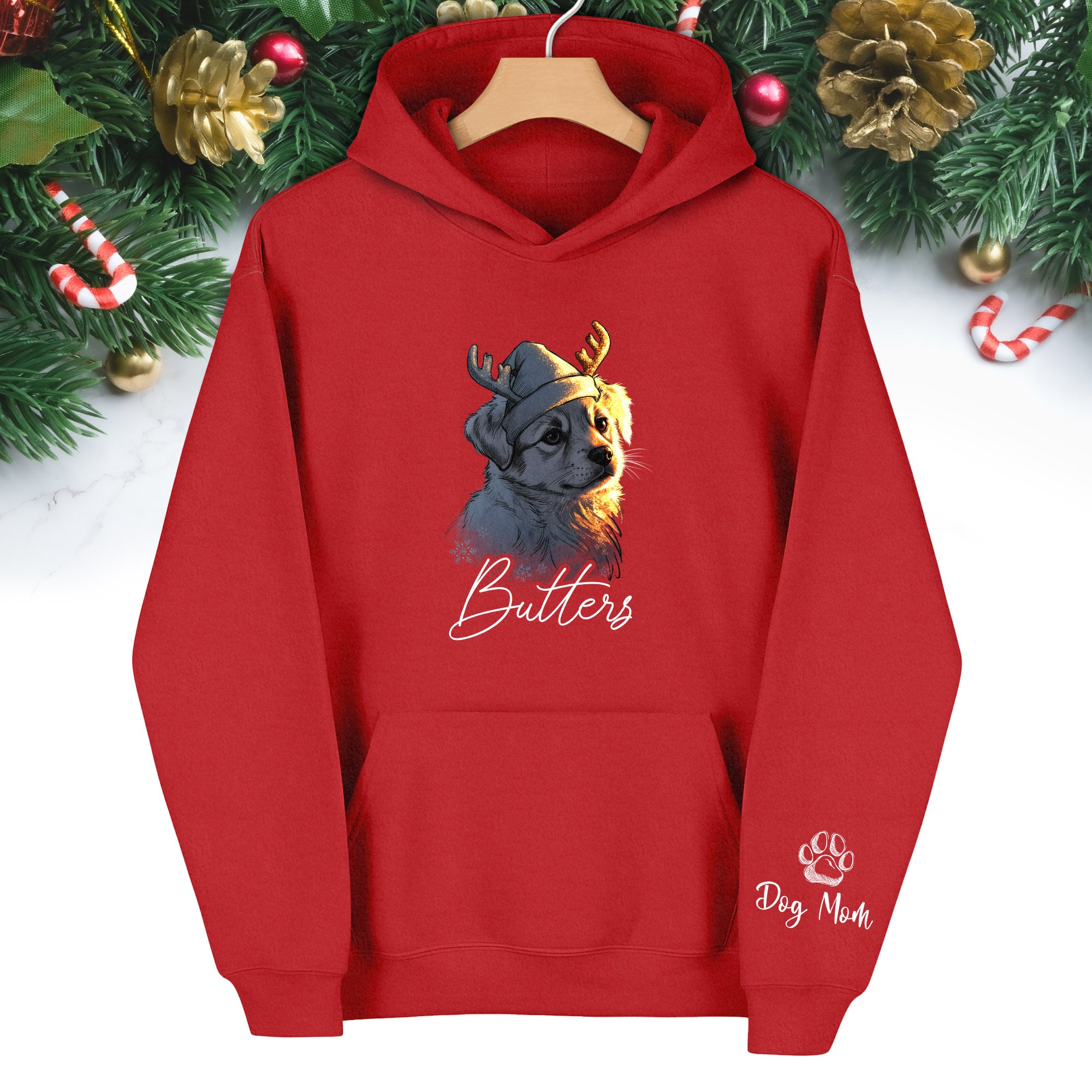 Festive Dog Mom Hoodie – Cute Christmas Pullover for Women