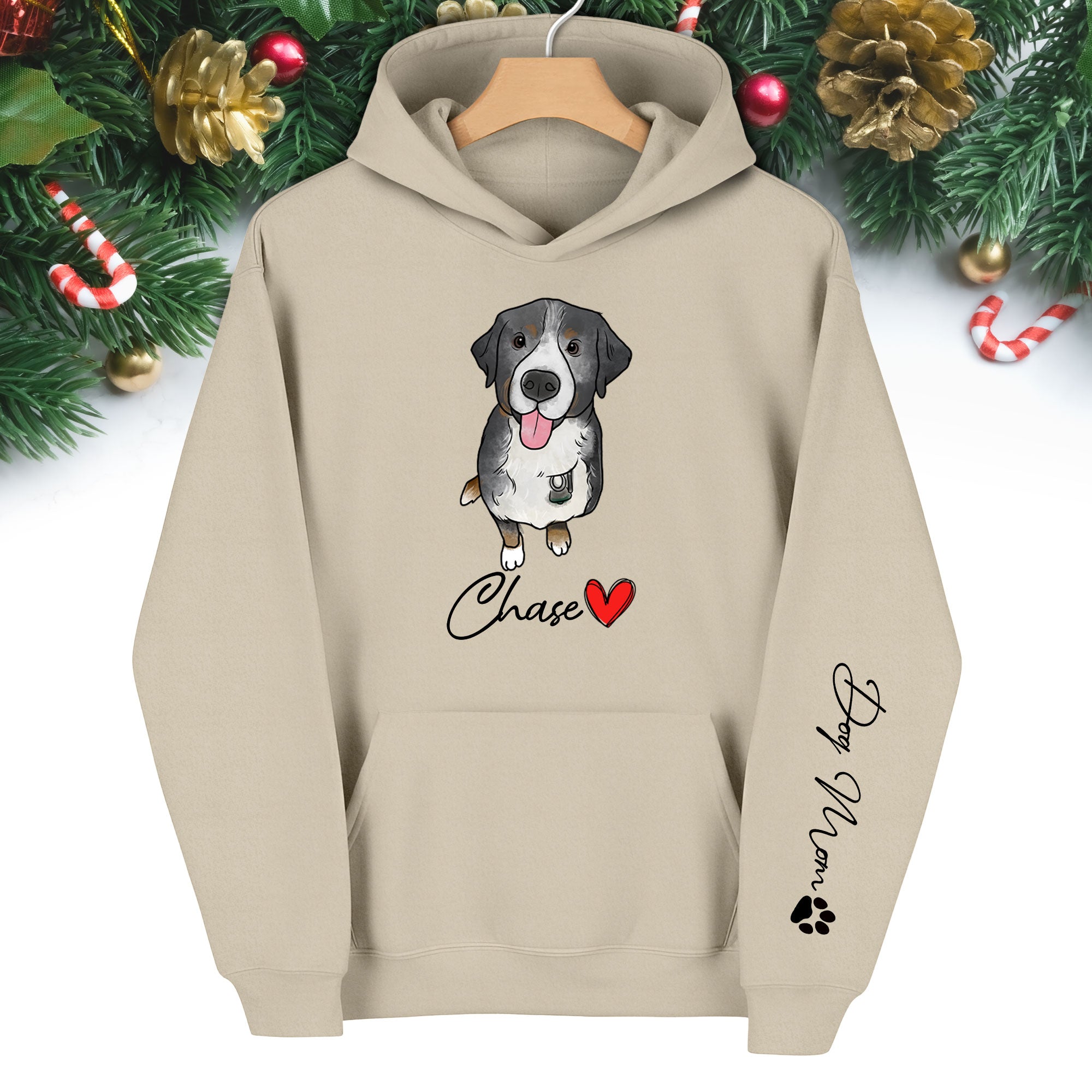 Custom Pet Portrait Hoodie– Dog Name Printed with Heart, Perfect Gift for Dog Lovers