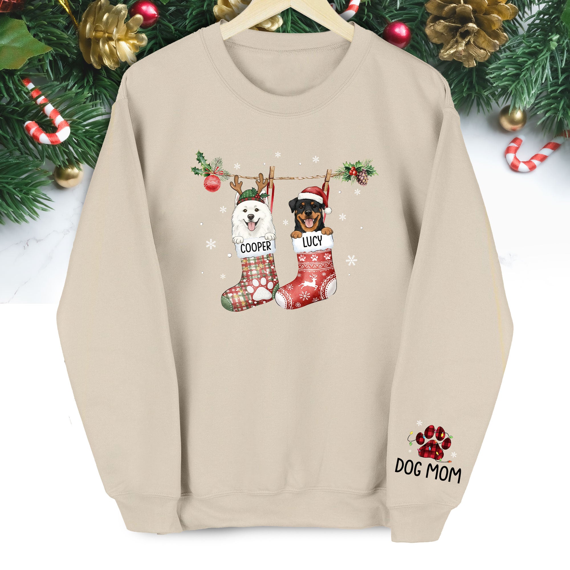 Custom Pet Christmas Stocking Sweatshirt – Personalized Two Dogs Holiday Crewneck Gift for Dog Moms