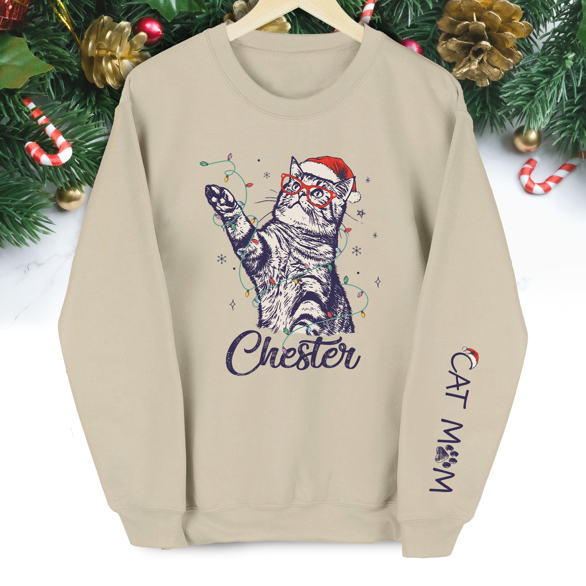 Custom Cat Christmas Sweatshirt, Personalized Pet Portrait Holiday Gift for Cat Moms