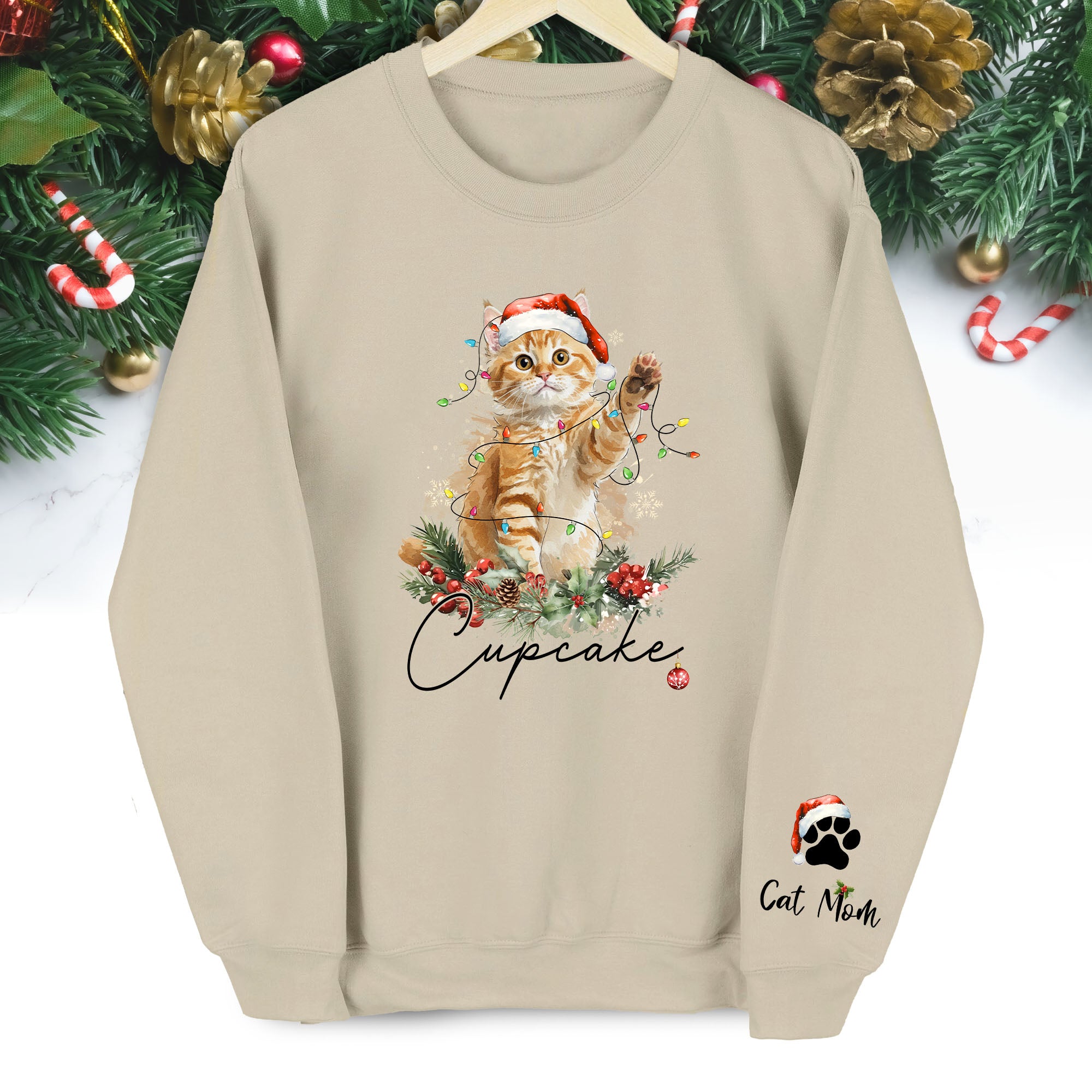 Custom Cat Christmas Sweatshirt – Personalized Holiday Pet Portrait Gift for Cat Moms