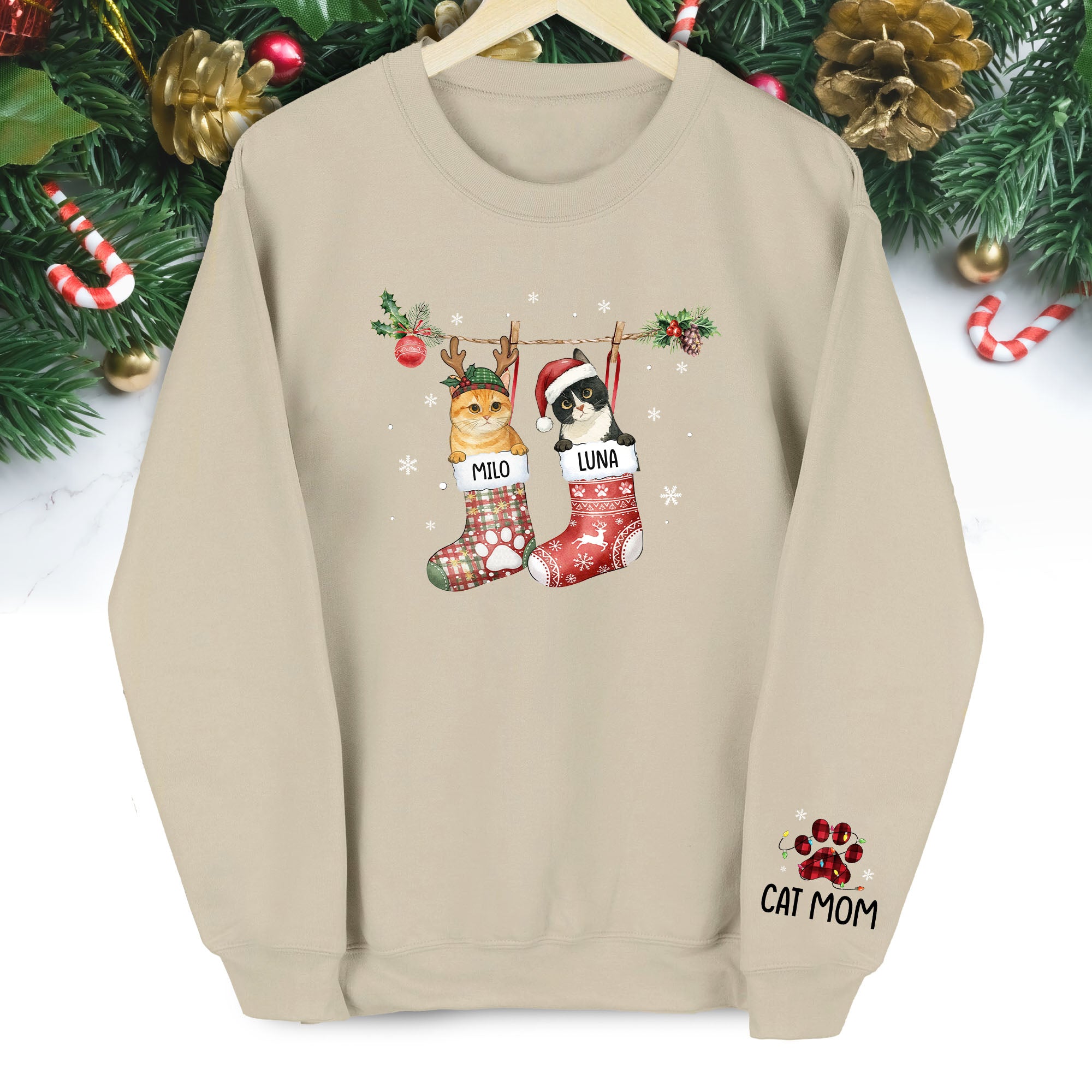 Custom Cats Christmas Sweatshirt – Personalized Pet Stocking Holiday Gift for Cat Moms
