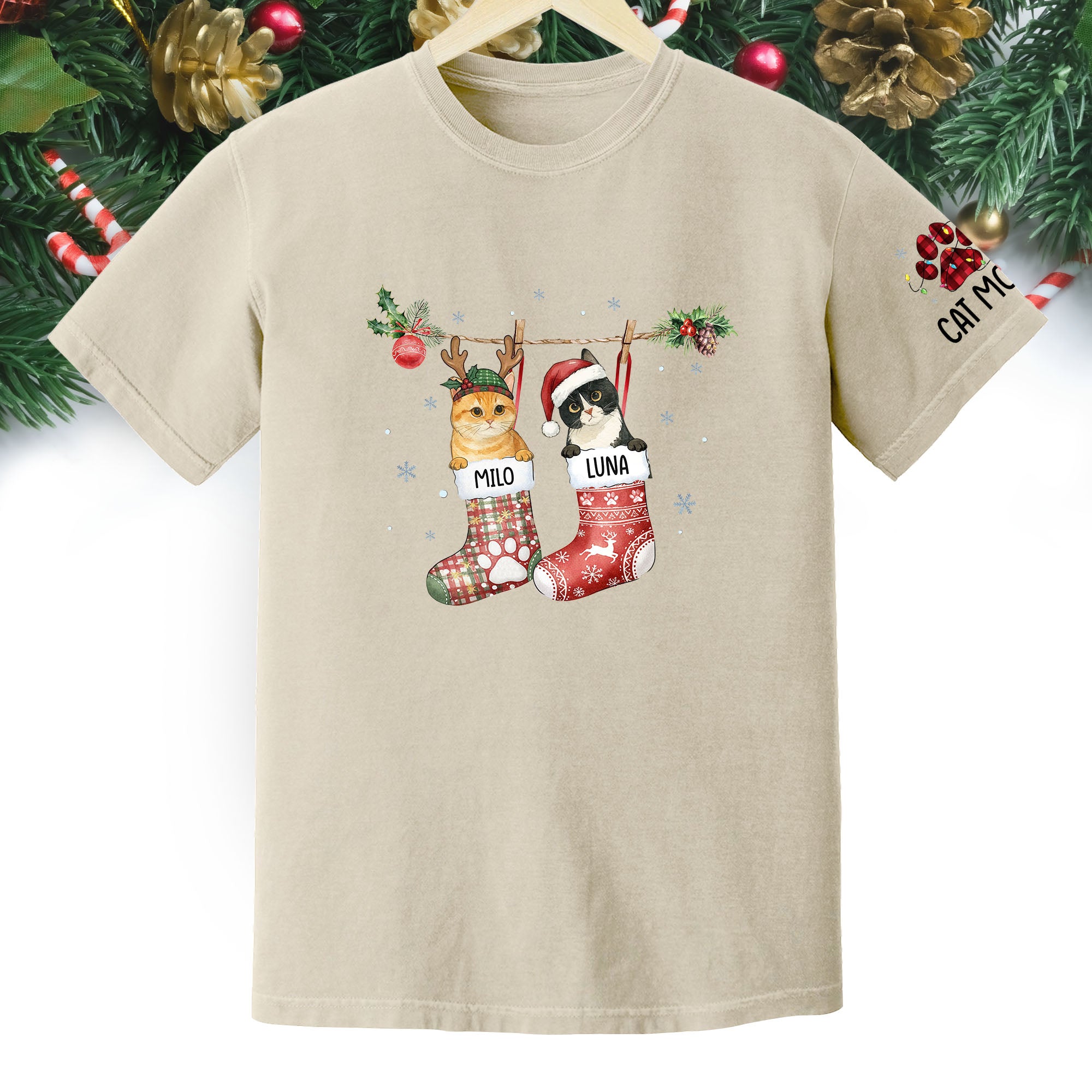 Personalized Cat Photo Christmas T-Shirt – Custom Pet Lover Gift for Cat Mom, Holiday Tee