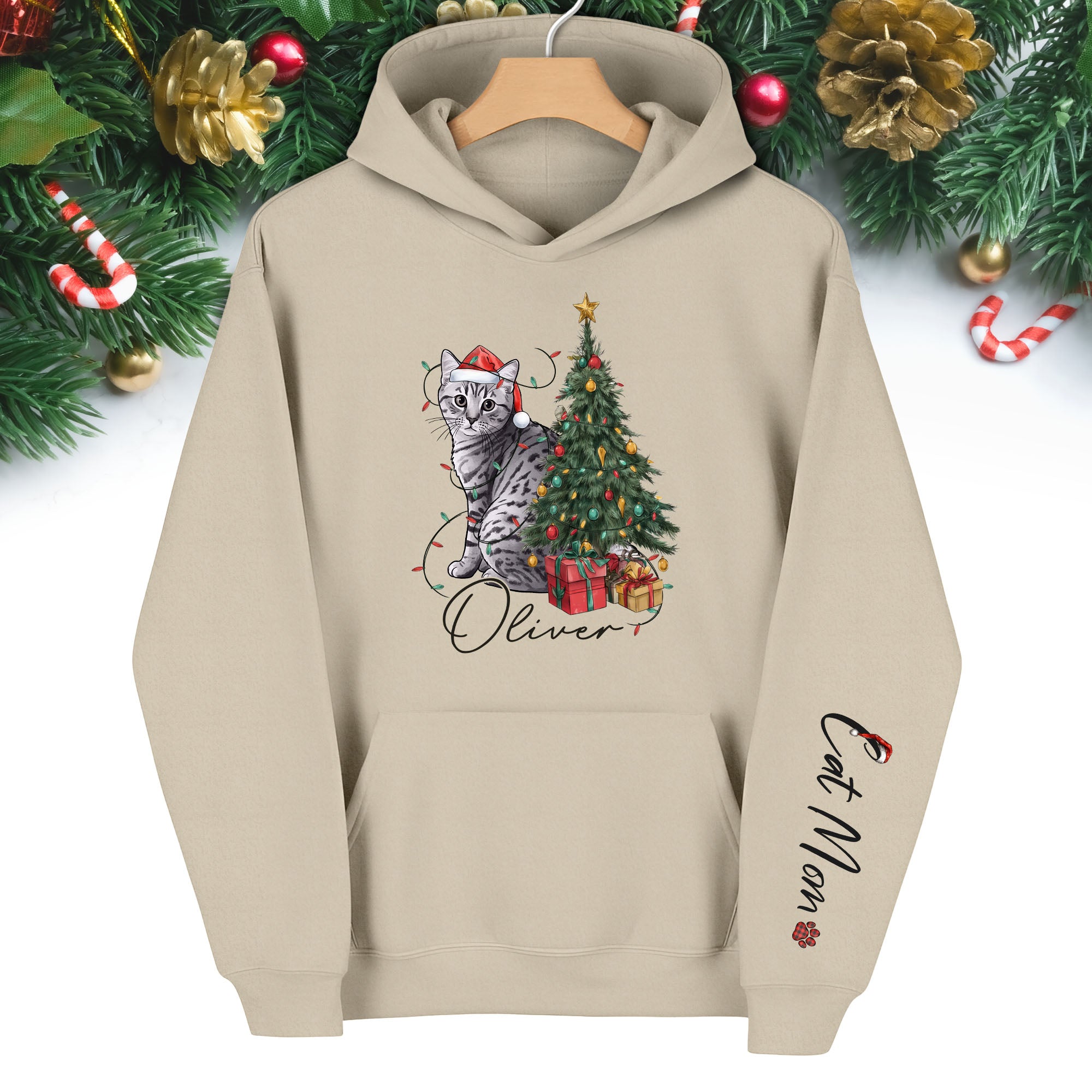 Personalized Cat Mom Christmas Hoodie – Custom Pet Photo Hoodie with Cat Name, Holiday Gift for Cat Lovers