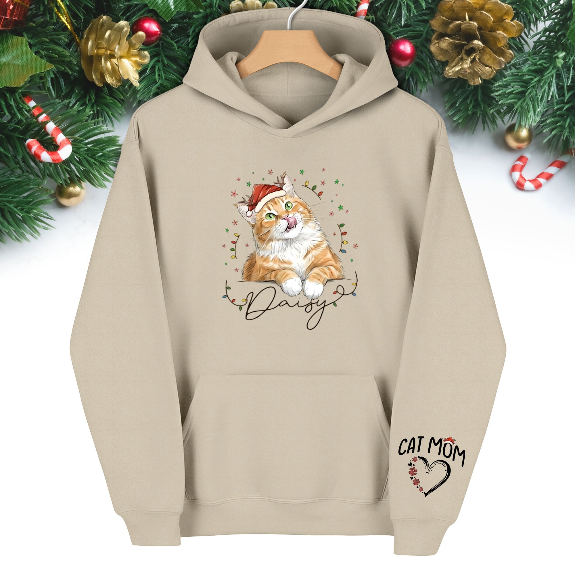 Personalized Cat Mom Christmas Hoodie – Custom Cat Photo Hoodie with Pet Name, Cute Holiday Gift for Cat Lovers