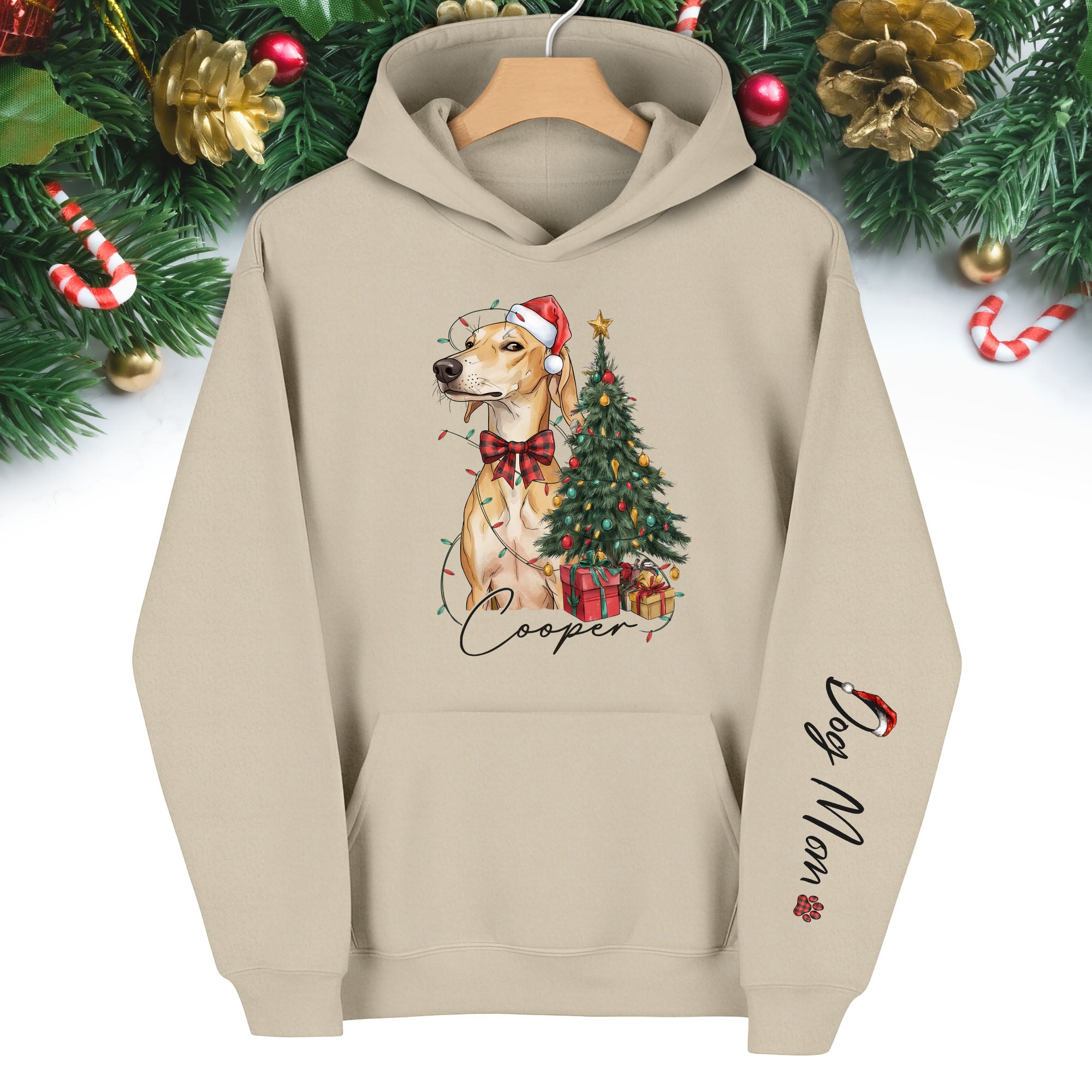 Personalized Dog Mom Christmas Hoodie, Custom Dog Photo Hoodie with Pet Name, Holiday Gift for Pet Lovers