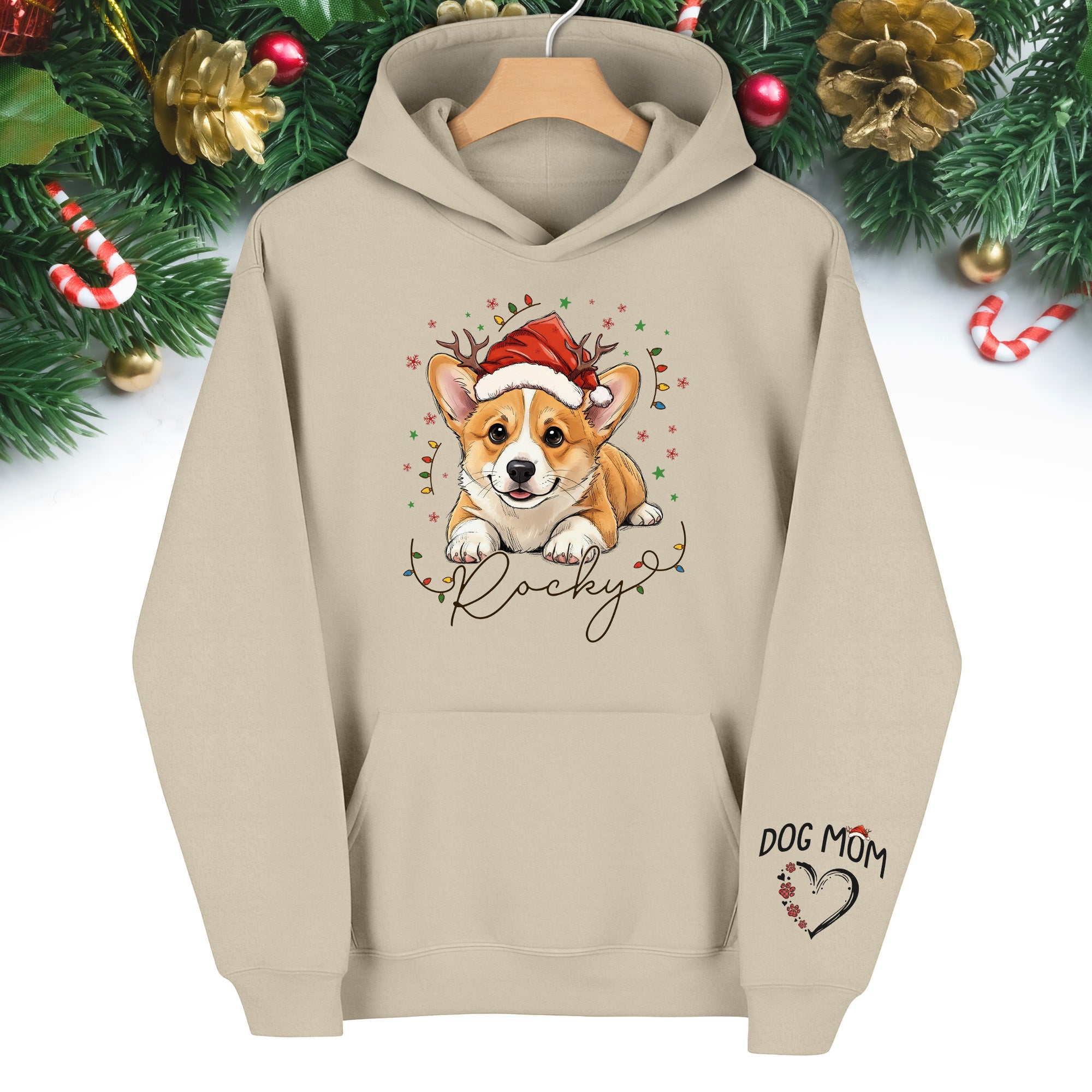 Personalized Dog Mom Christmas Hoodie – Custom Dog Photo Hoodie with Pet Name, Cute Holiday Gift for Dog Lovers