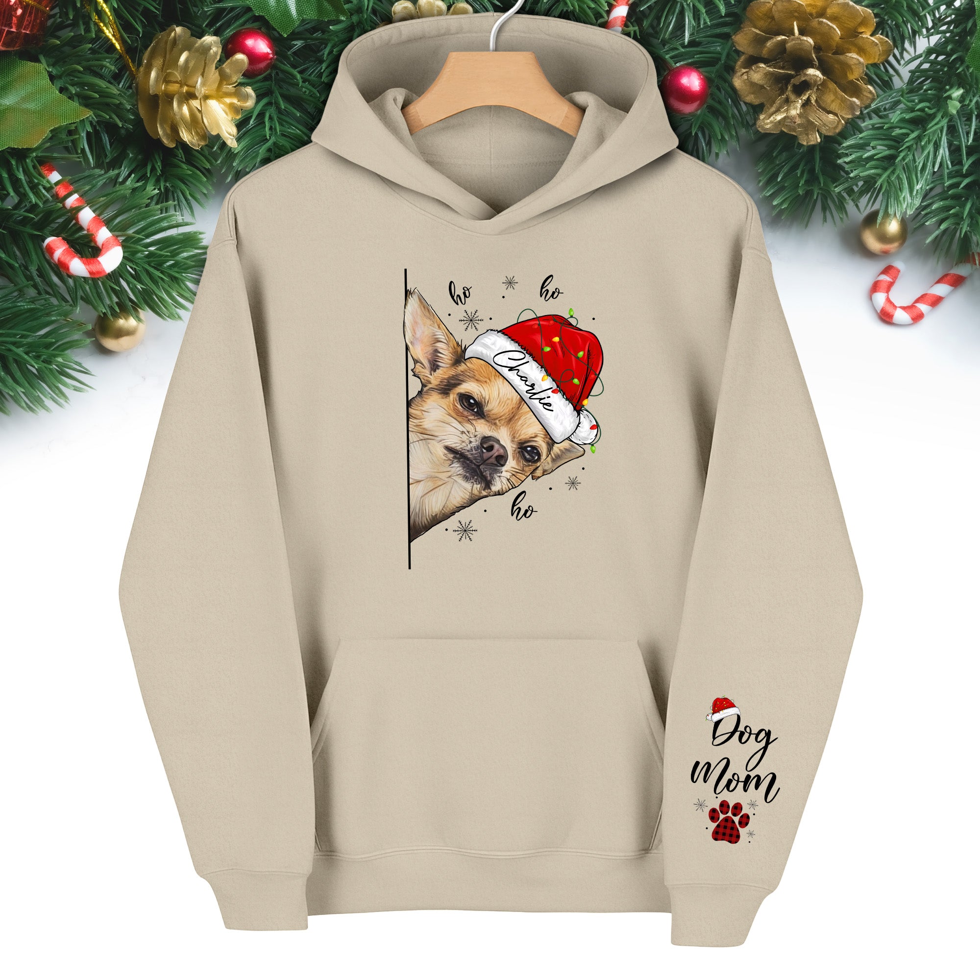 Custom Dog Mom Christmas Hoodie – Personalized Dog Photo Hoodie with Pet Name, Funny Holiday Gift for Dog Lovers