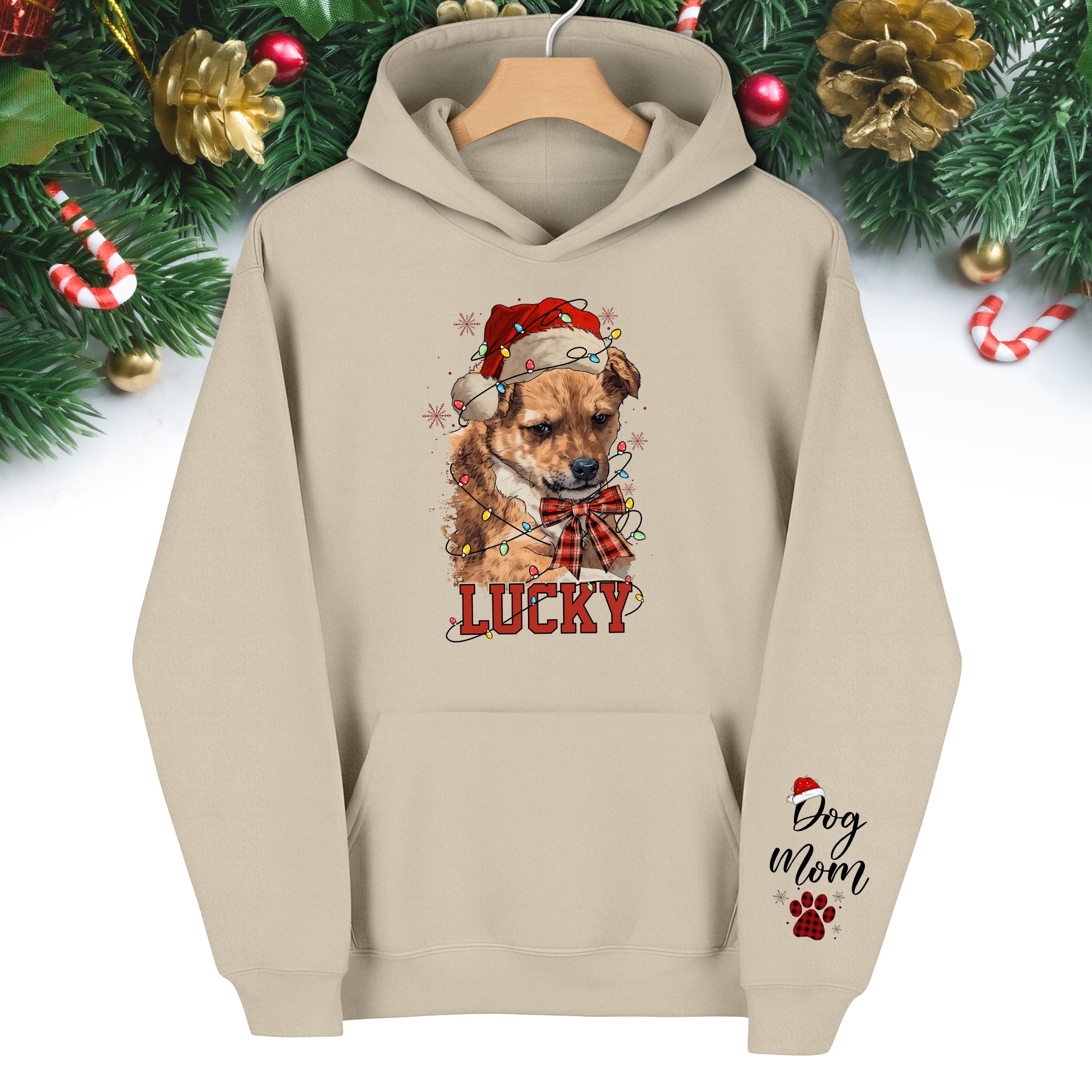 Personalized Dog Mom Christmas Hoodie – Custom Dog Photo Hoodie with Pet Name, Holiday Gift for Pet Lovers
