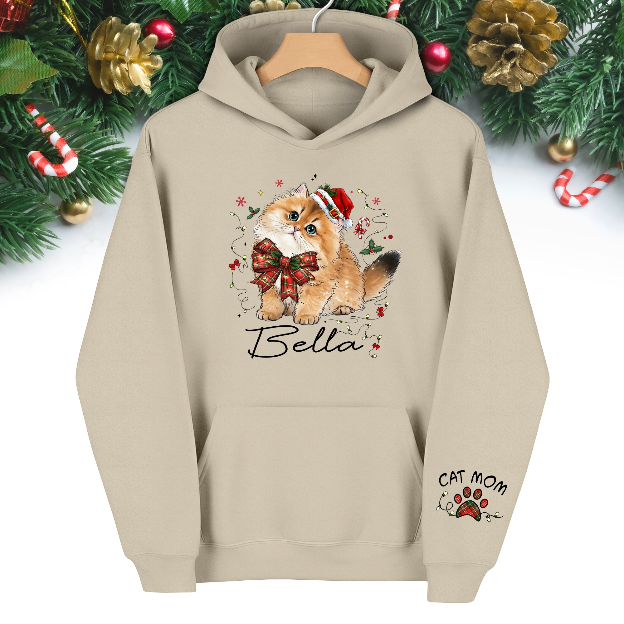 Personalized Cat Portrait Christmas Hoodie – Custom Pet Photo Gift for Cat Moms