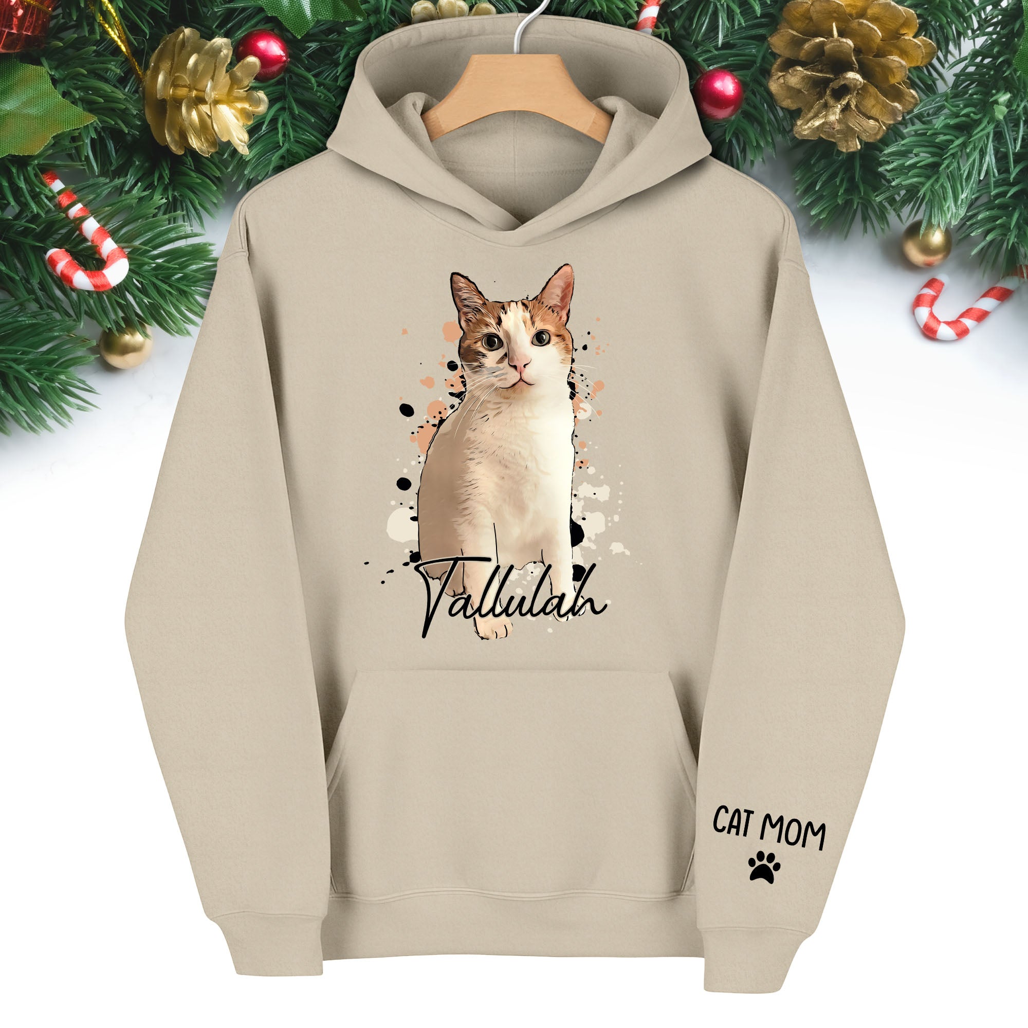 Personalized Cat Mom Hoodie – Custom Cat Photo Hoodie with Pet Name, Unique Holiday Gift for Cat Lovers