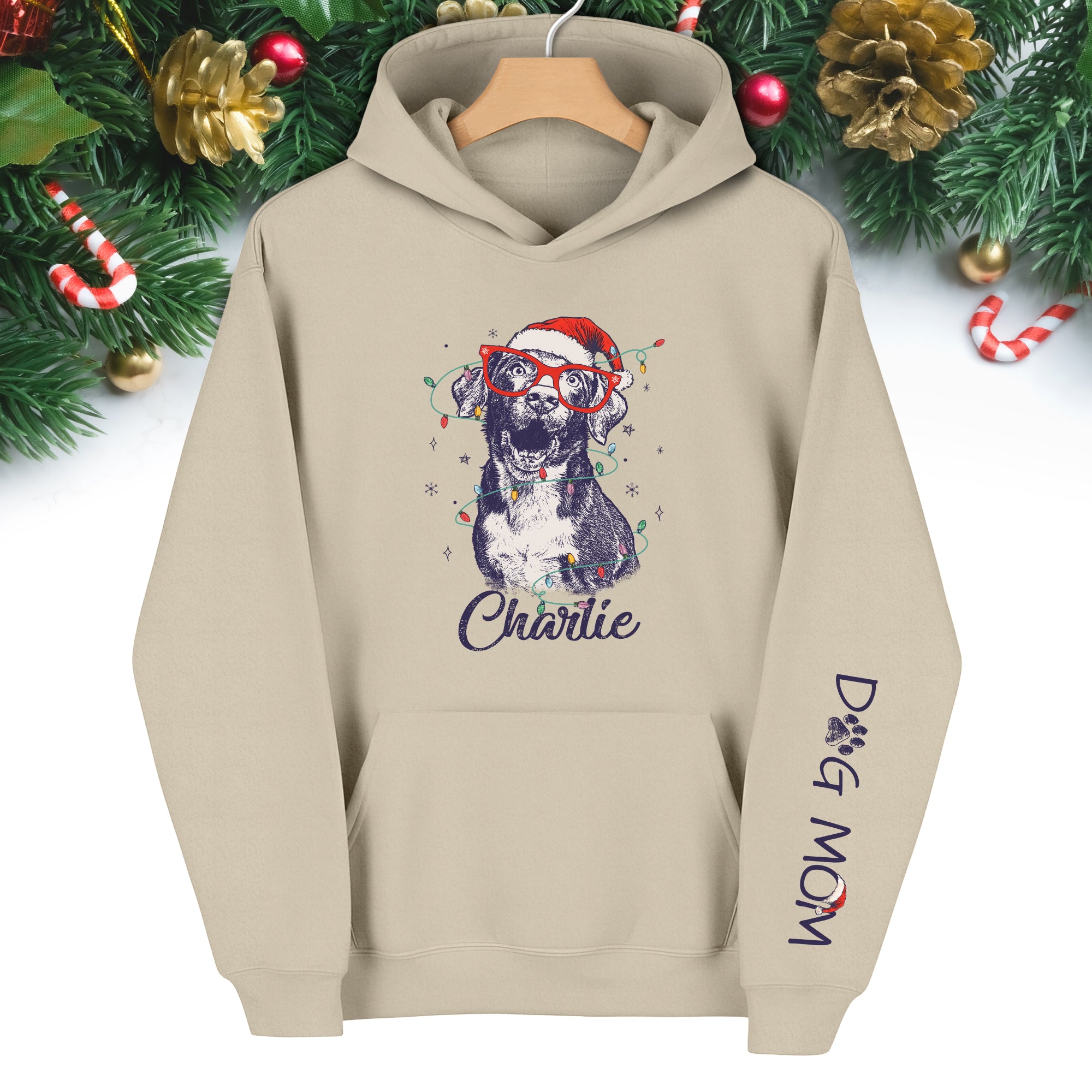 Personalized Dog Mom Hoodie – Custom Dog Photo Hoodie with Holiday Design