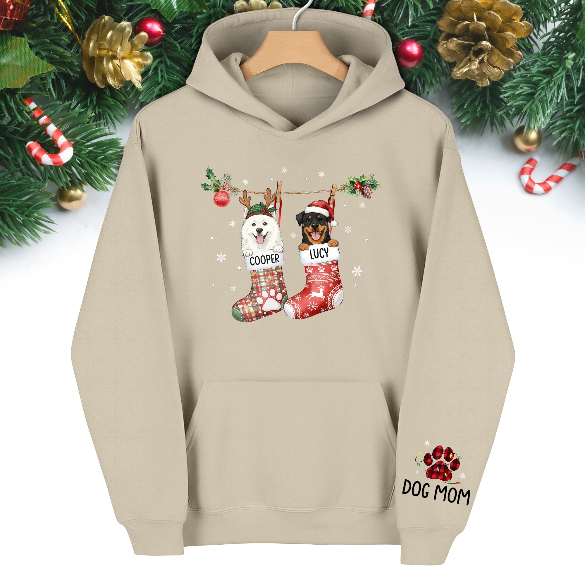 Custom Christmas Dog Hoodie – Personalized Holiday Hoodie with Your Dog’s Photo in Festive Stockings
