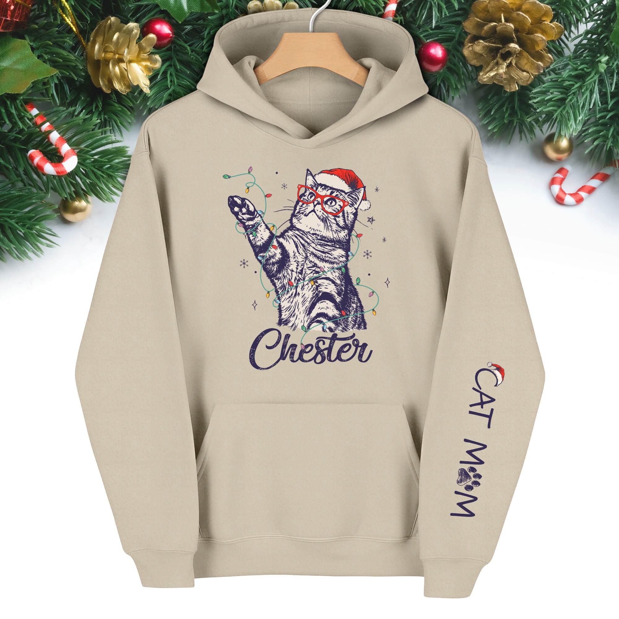 Christmas Cat Mom Hoodie – Personalized Cat Photo Hoodie, Custom Holiday Gift for Women