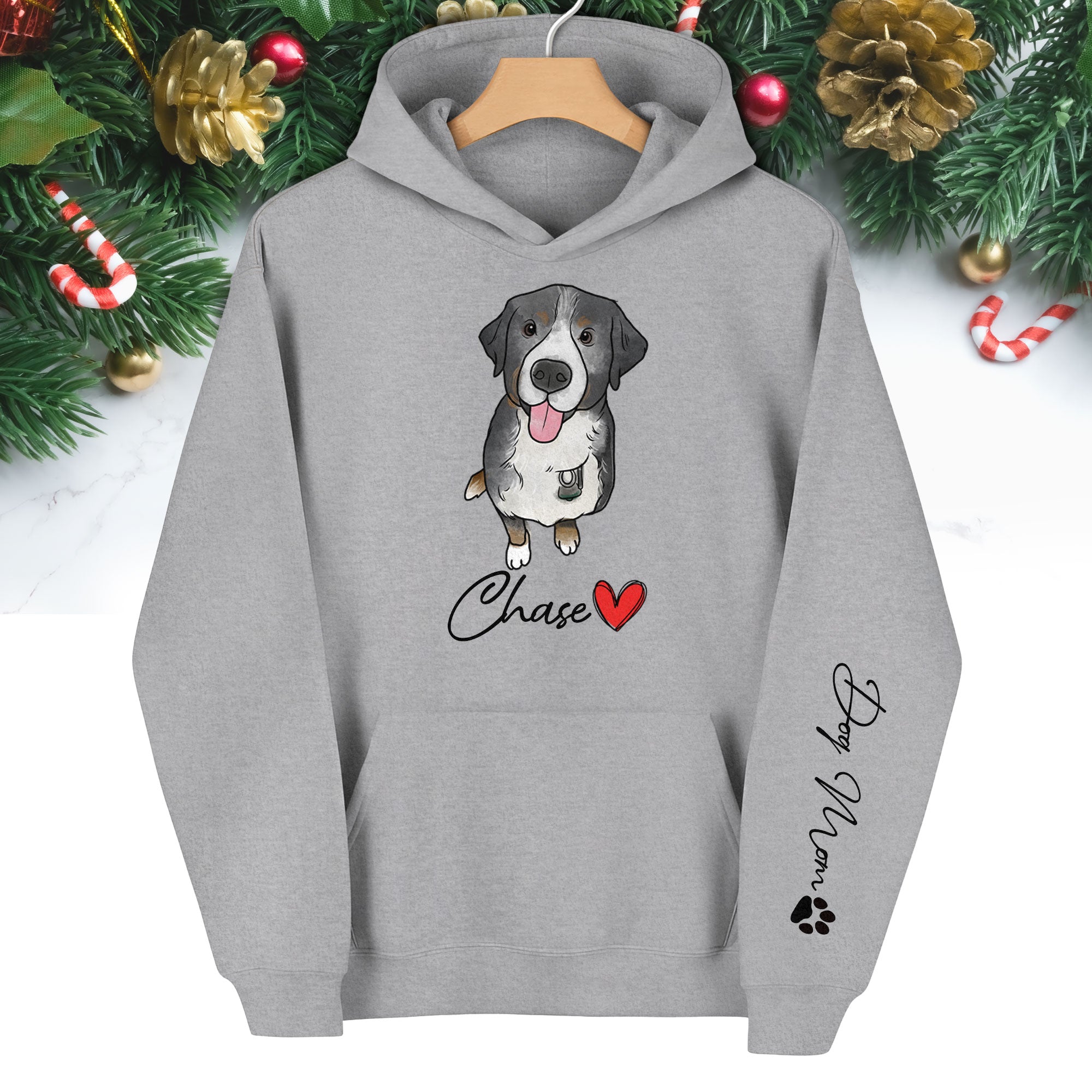 Custom Pet Portrait Hoodie– Dog Name Printed with Heart, Perfect Gift for Dog Lovers