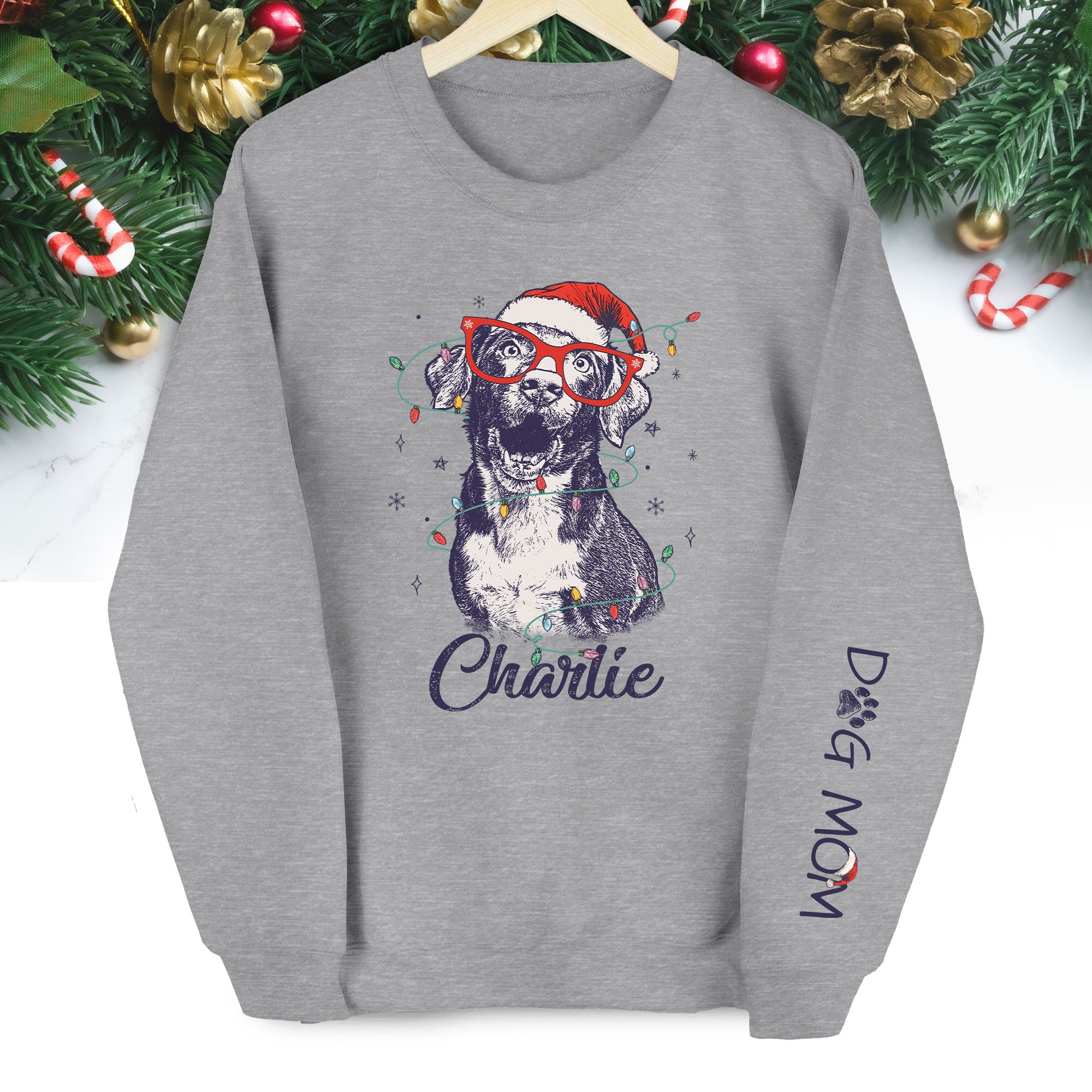 Custom Christmas Pet Portrait Sweatshirt – Personalized Dog Mom Gift – Holiday Pet Illustration