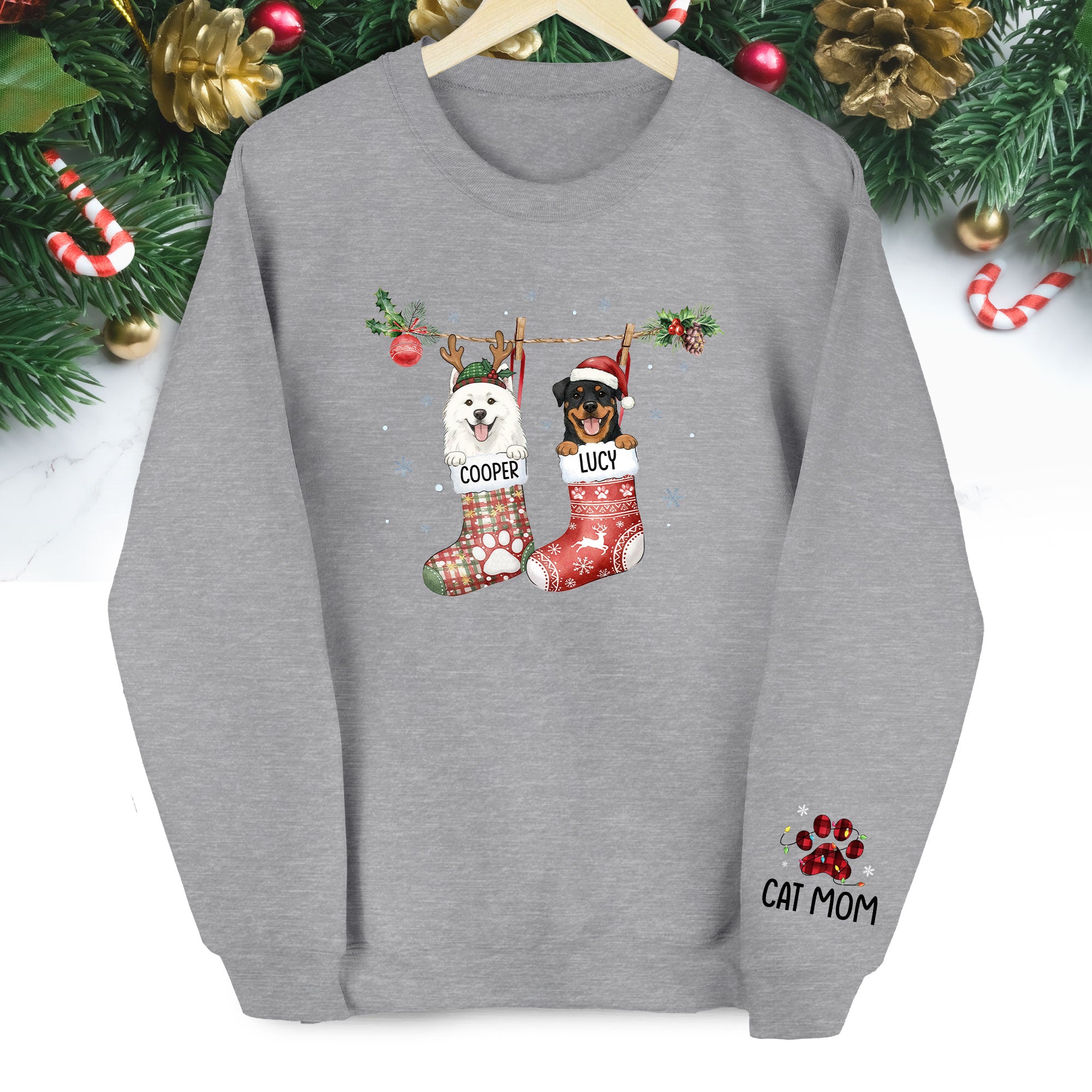 Custom Cats Christmas Sweatshirt – Personalized Pet Stocking Holiday Gift for Cat Moms