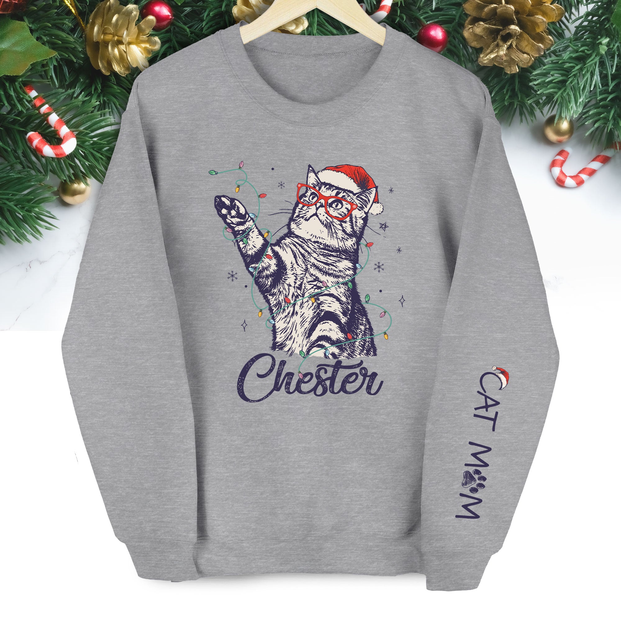 Custom Cat Christmas Sweatshirt, Personalized Pet Portrait Holiday Gift for Cat Moms