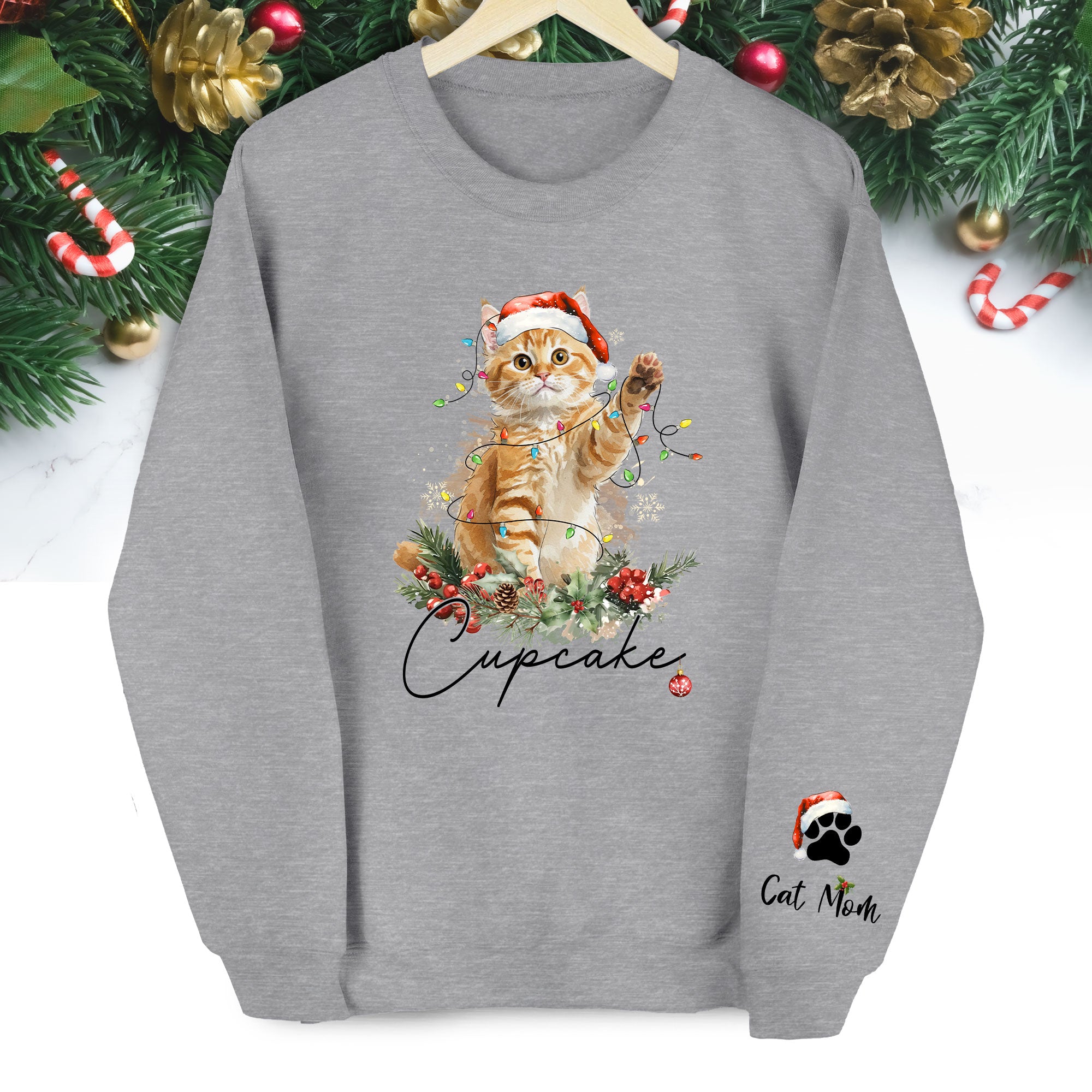 Custom Cat Christmas Sweatshirt – Personalized Holiday Pet Portrait Gift for Cat Moms