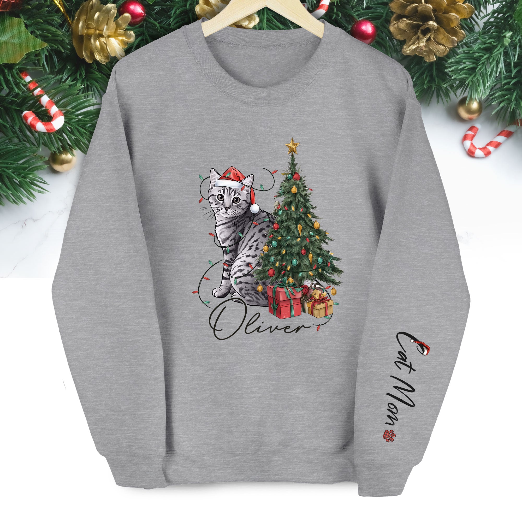 Custom Cat Christmas Sweatshirt – Personalized Gift for Cat Mom & Pet Lovers