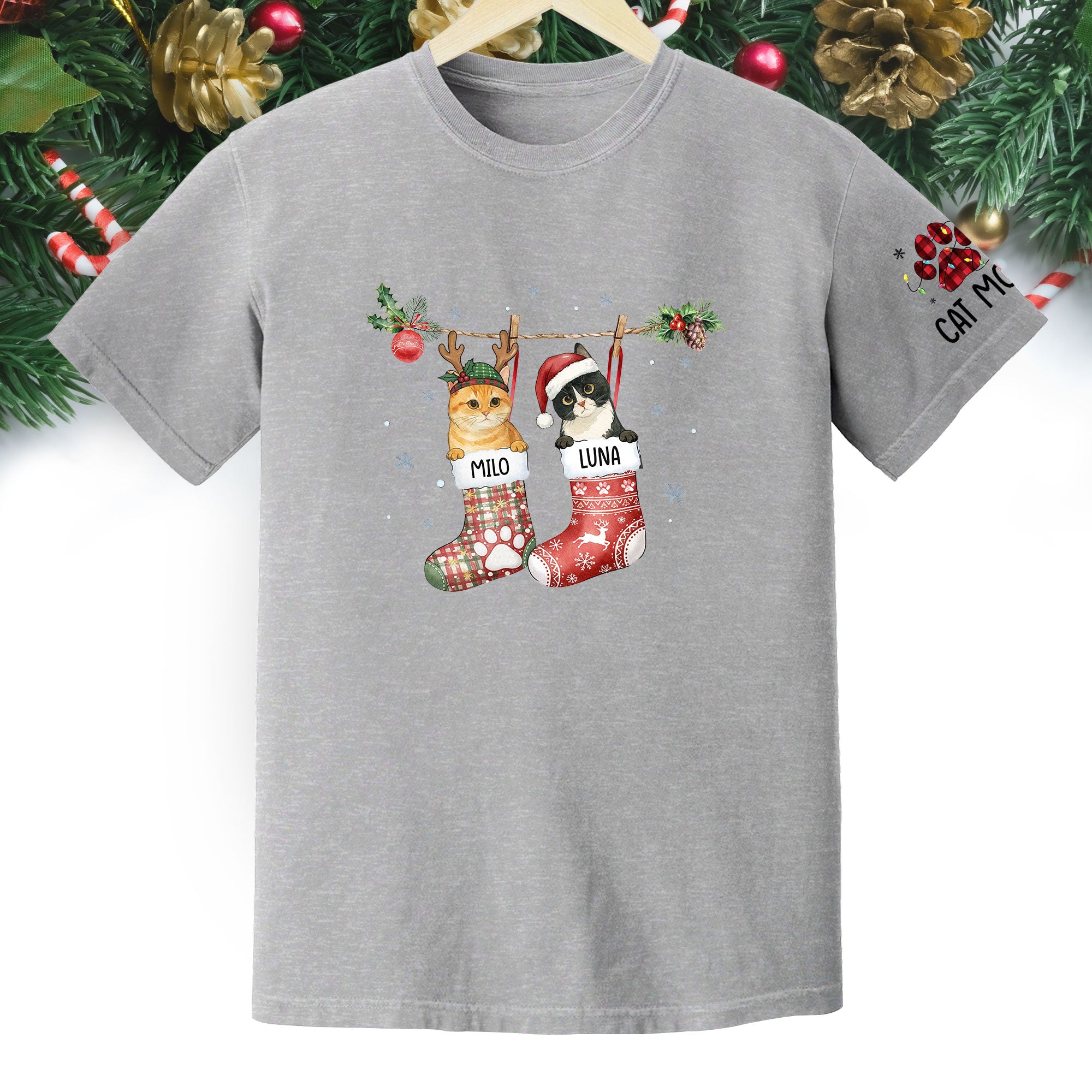 Personalized Cat Photo Christmas T-Shirt – Custom Pet Lover Gift for Cat Mom, Holiday Tee