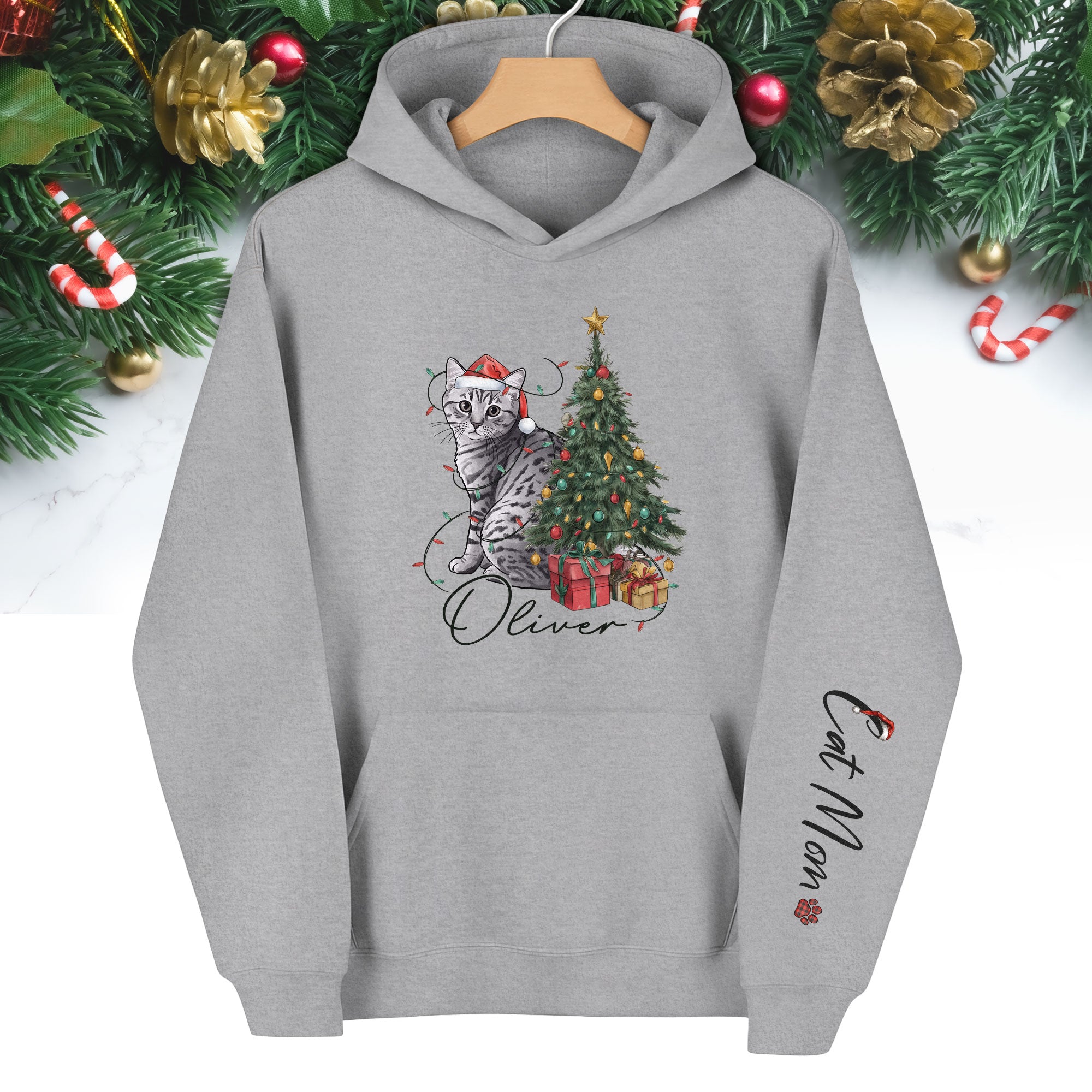 Personalized Cat Mom Christmas Hoodie – Custom Pet Photo Hoodie with Cat Name, Holiday Gift for Cat Lovers
