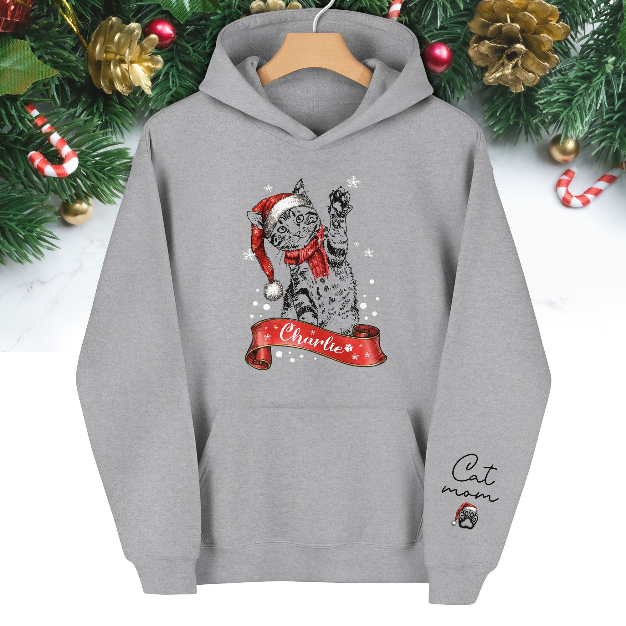 Custom Cat Mom Christmas Hoodie – Personalized Cat Photo Hoodie with Pet Name, Holiday Gift for Cat Lovers