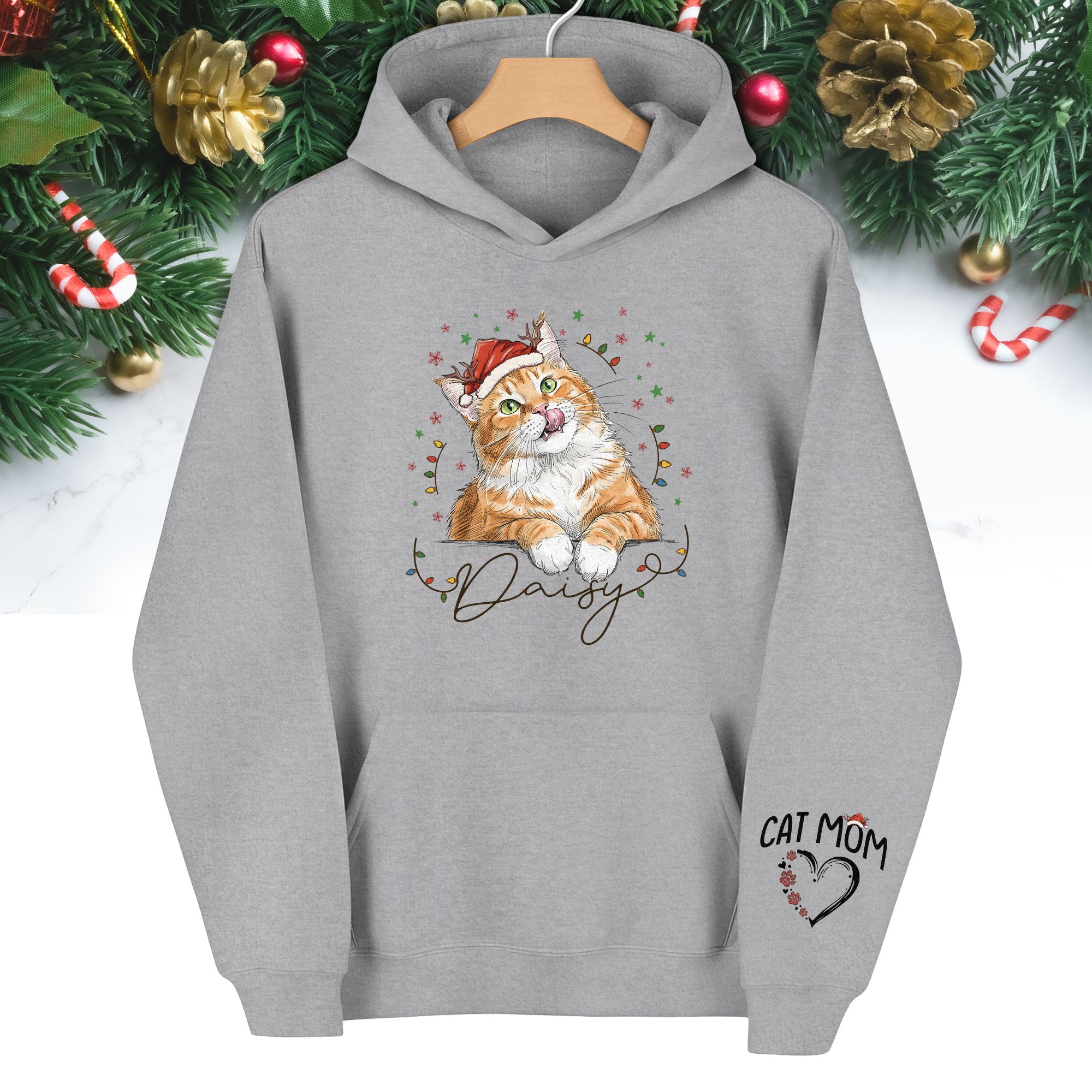 Personalized Cat Mom Christmas Hoodie – Custom Cat Photo Hoodie with Pet Name, Cute Holiday Gift for Cat Lovers