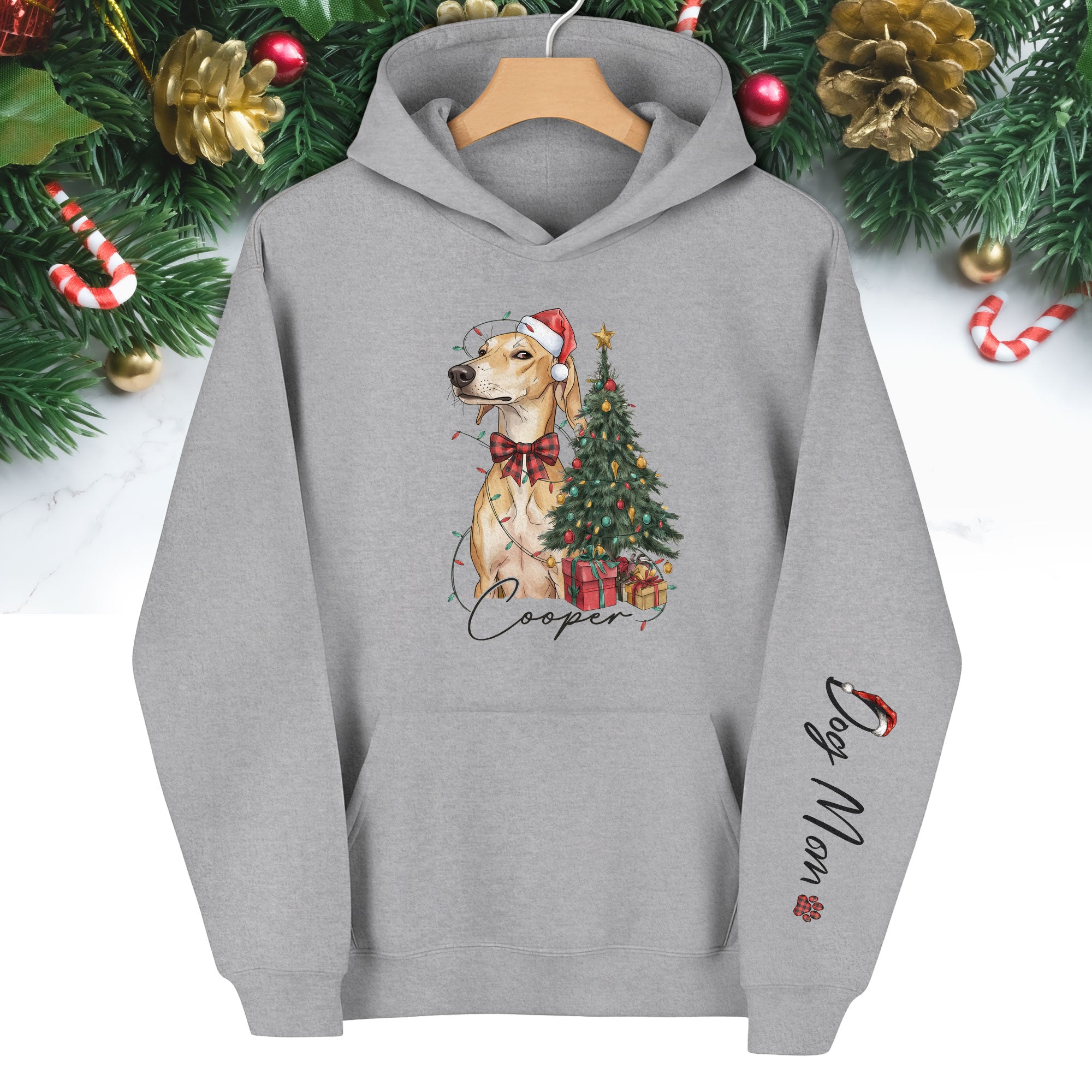 Personalized Dog Mom Christmas Hoodie, Custom Dog Photo Hoodie with Pet Name, Holiday Gift for Pet Lovers