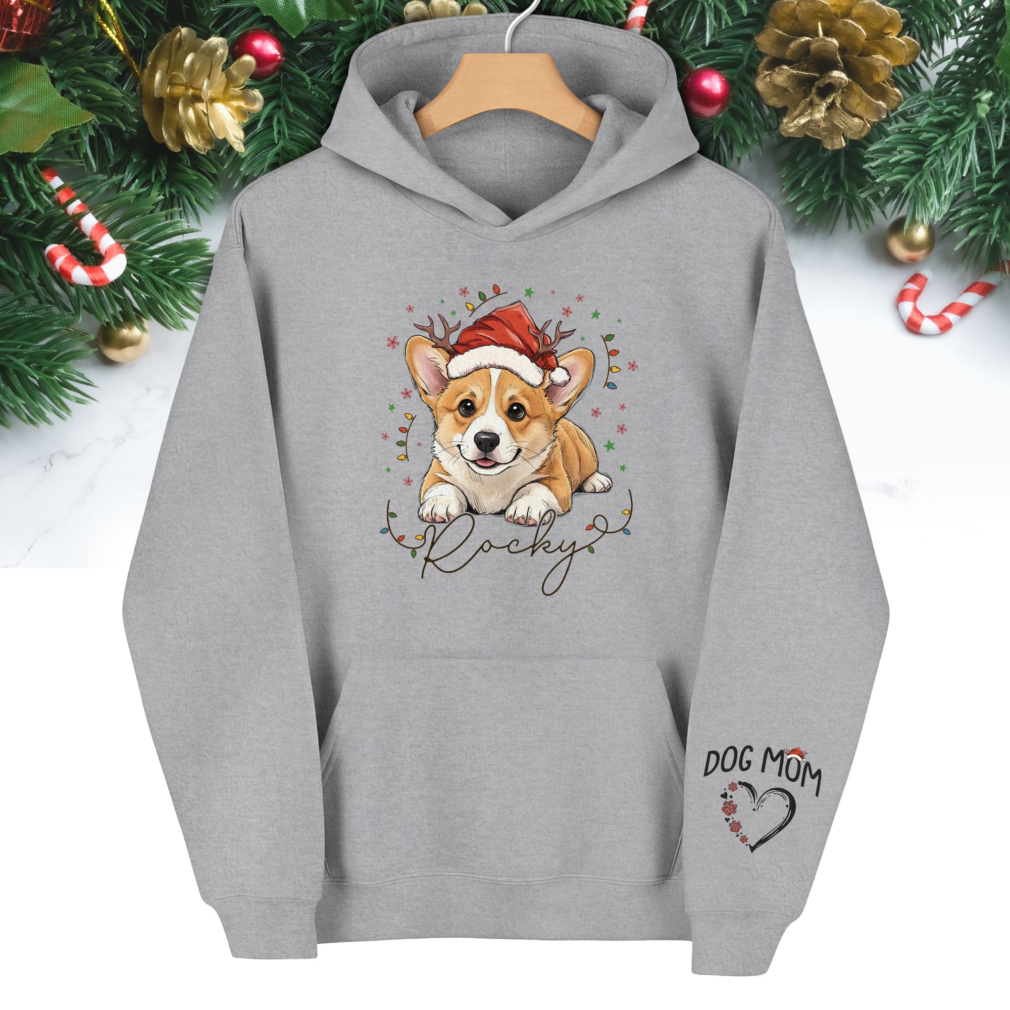 Personalized Dog Mom Christmas Hoodie – Custom Dog Photo Hoodie with Pet Name, Cute Holiday Gift for Dog Lovers