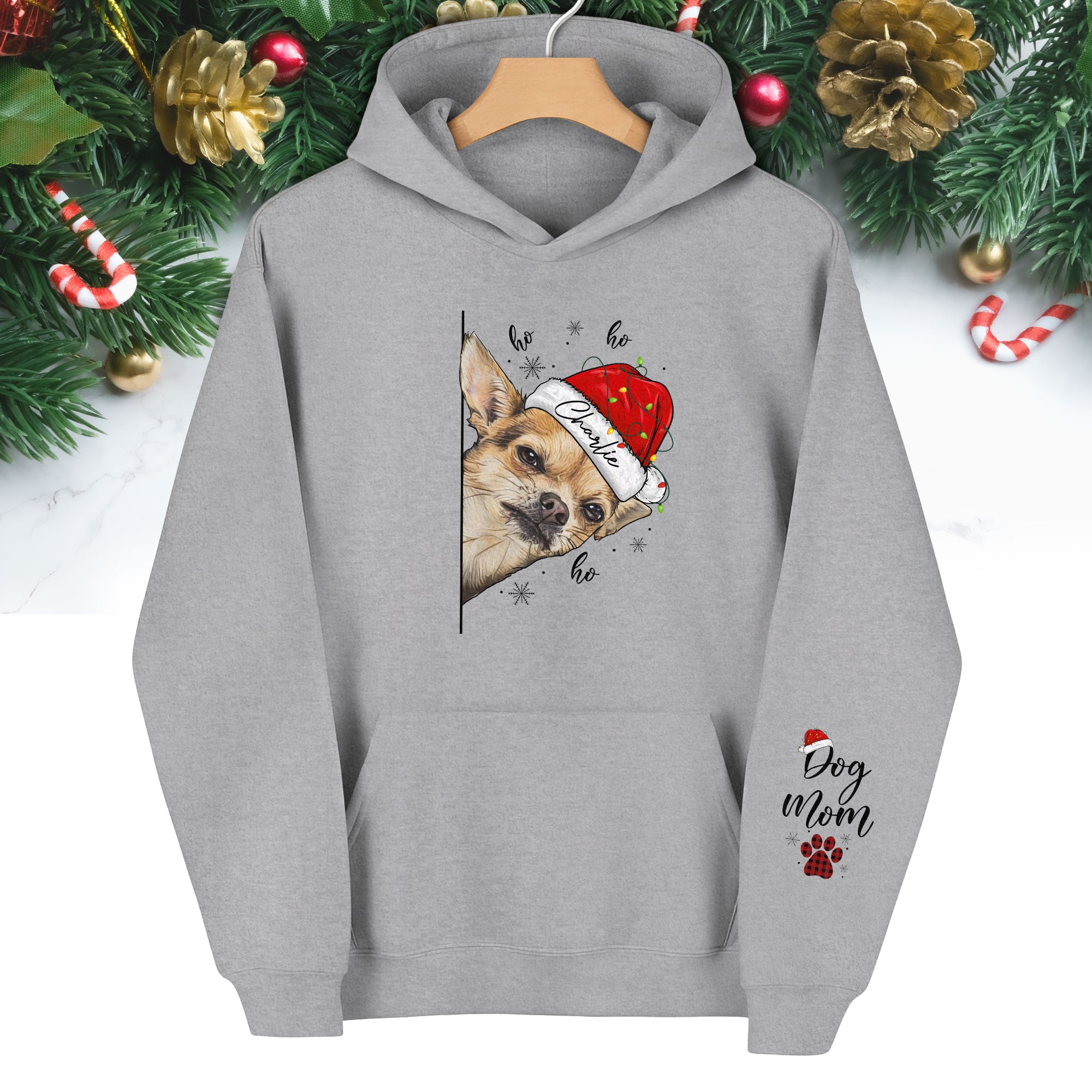 Custom Dog Mom Christmas Hoodie – Personalized Dog Photo Hoodie with Pet Name, Funny Holiday Gift for Dog Lovers