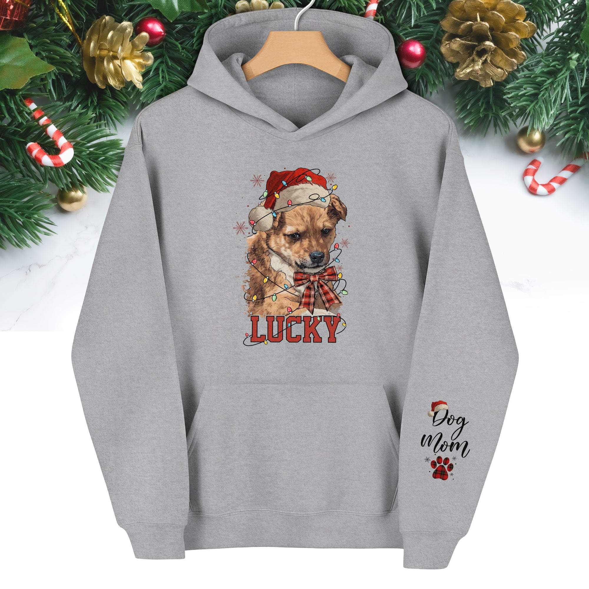 Personalized Dog Mom Christmas Hoodie – Custom Dog Photo Hoodie with Pet Name, Holiday Gift for Pet Lovers