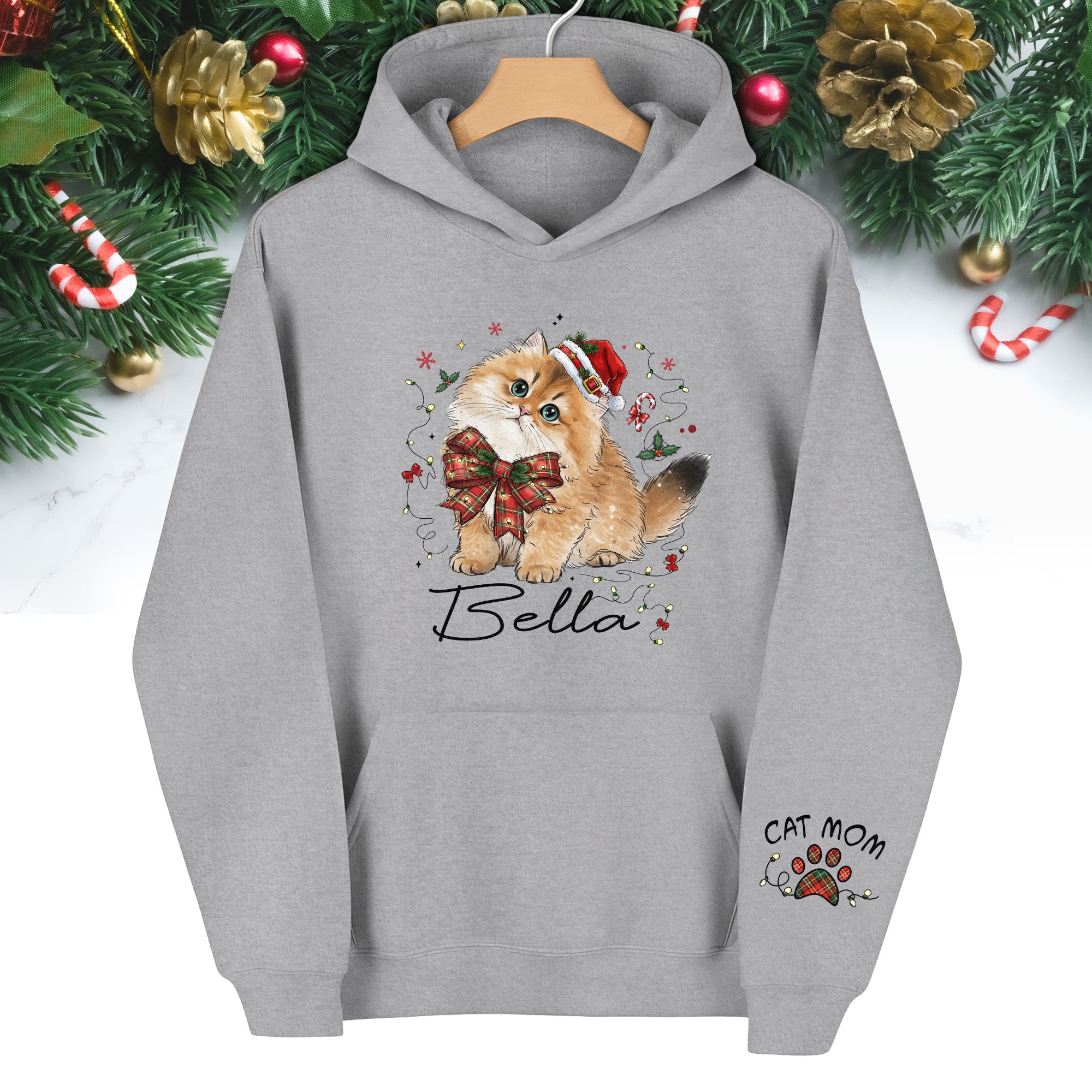 Personalized Cat Portrait Christmas Hoodie – Custom Pet Photo Gift for Cat Moms