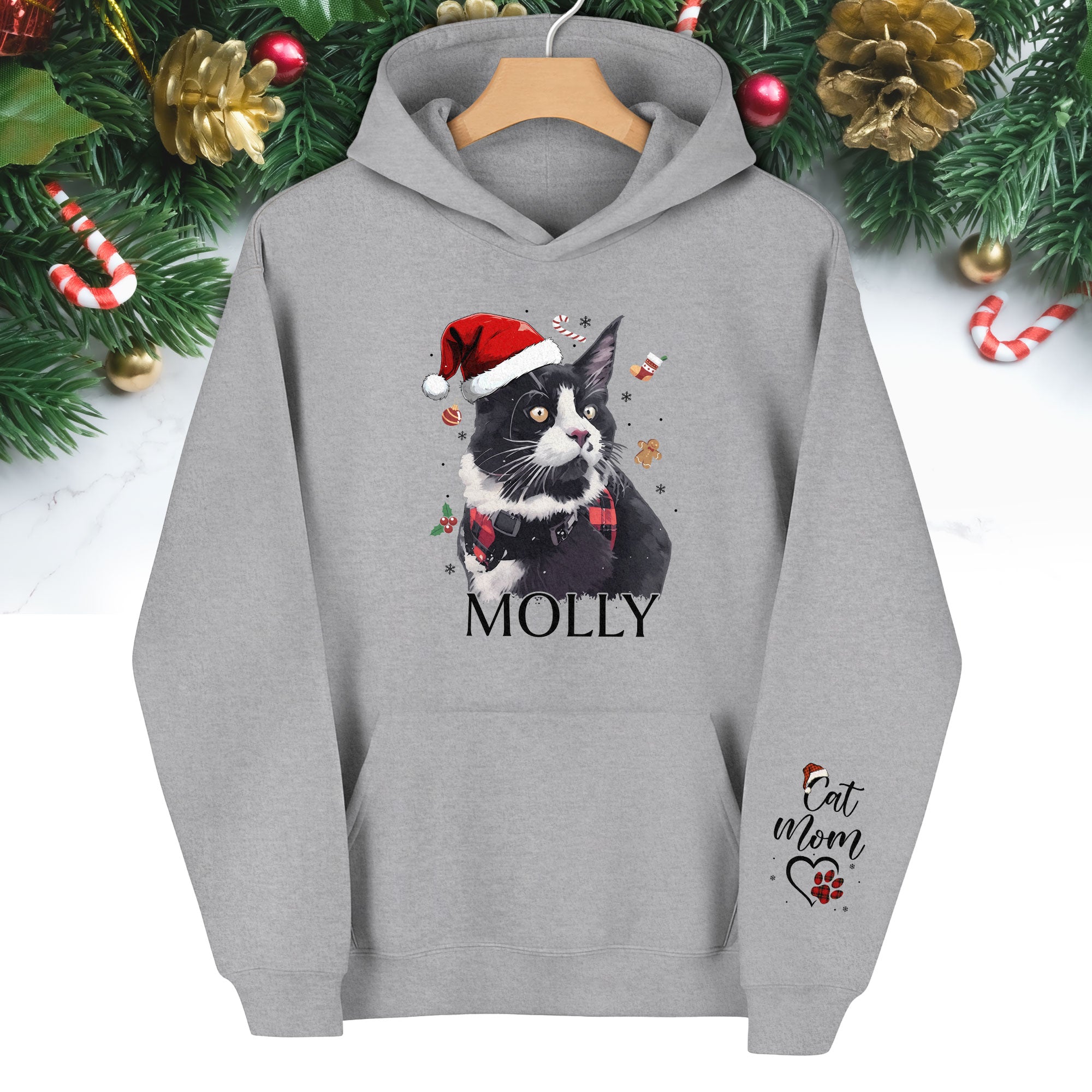 Custom Cat Photo Hoodie – Personalized Holiday Hoodie with Cat Design for Cat Moms