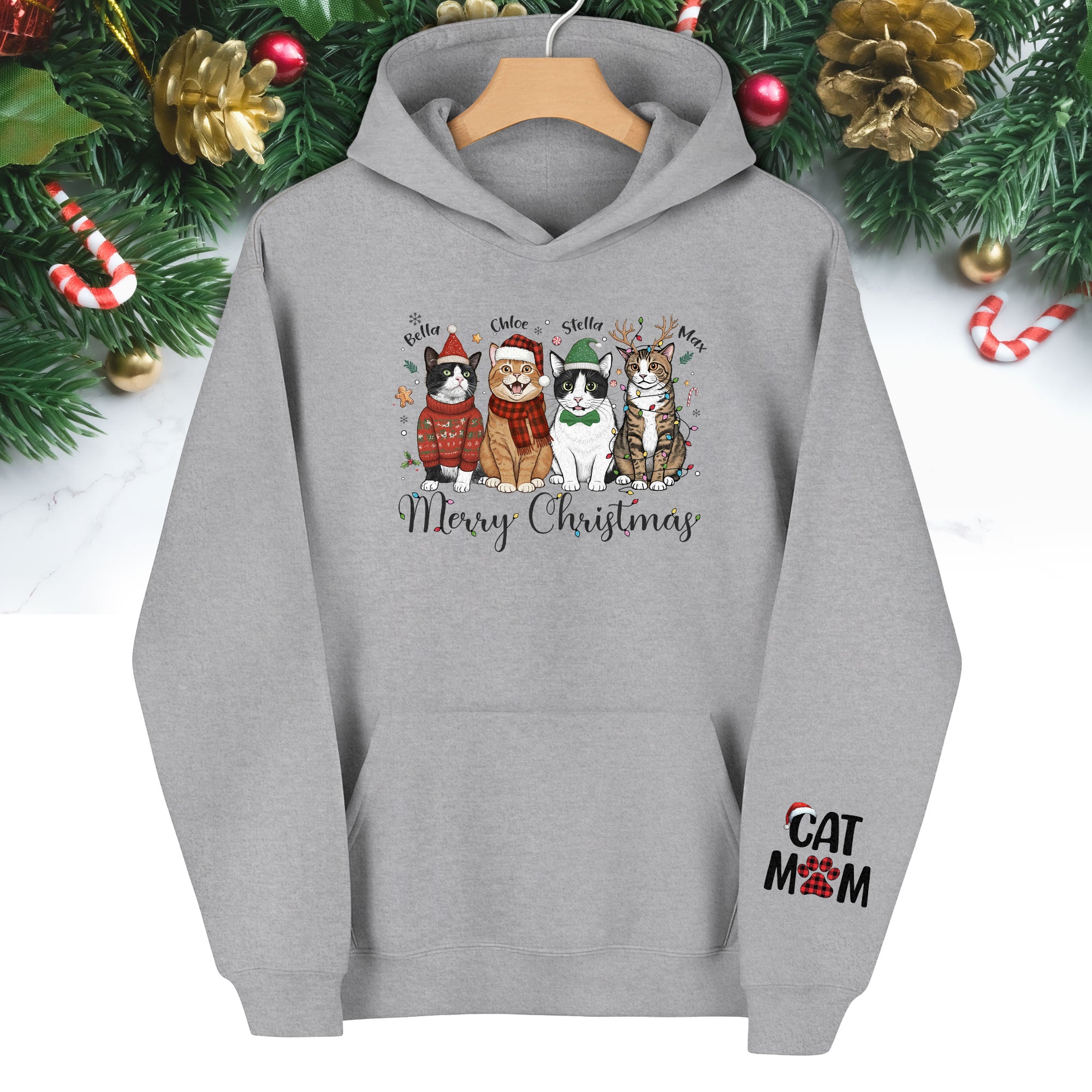 Custom Pet Christmas Hoodie – Personalized Cat Photo Hoodie for Pet Moms
