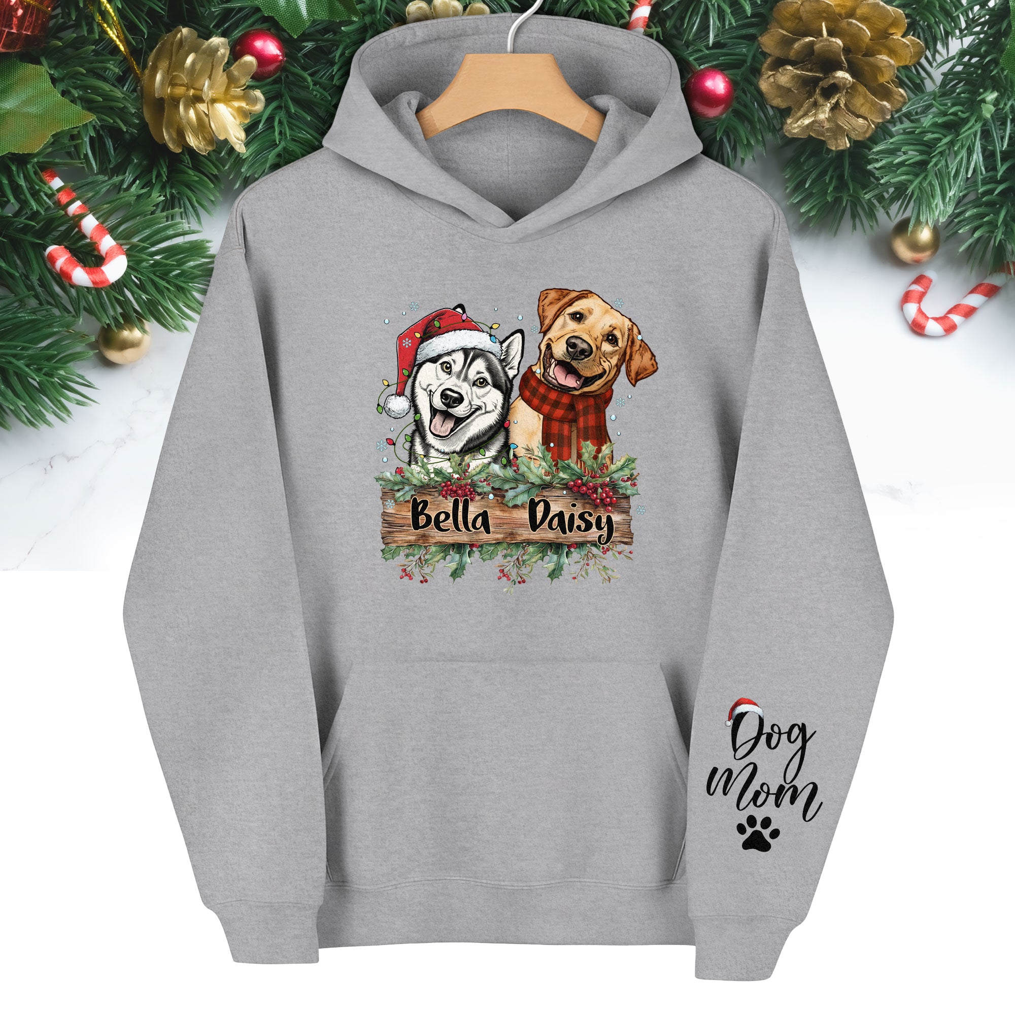Dog Mom Christmas Hoodie – Custom Pet Photo Hoodie, Personalized Holiday Gift for Dog Mom