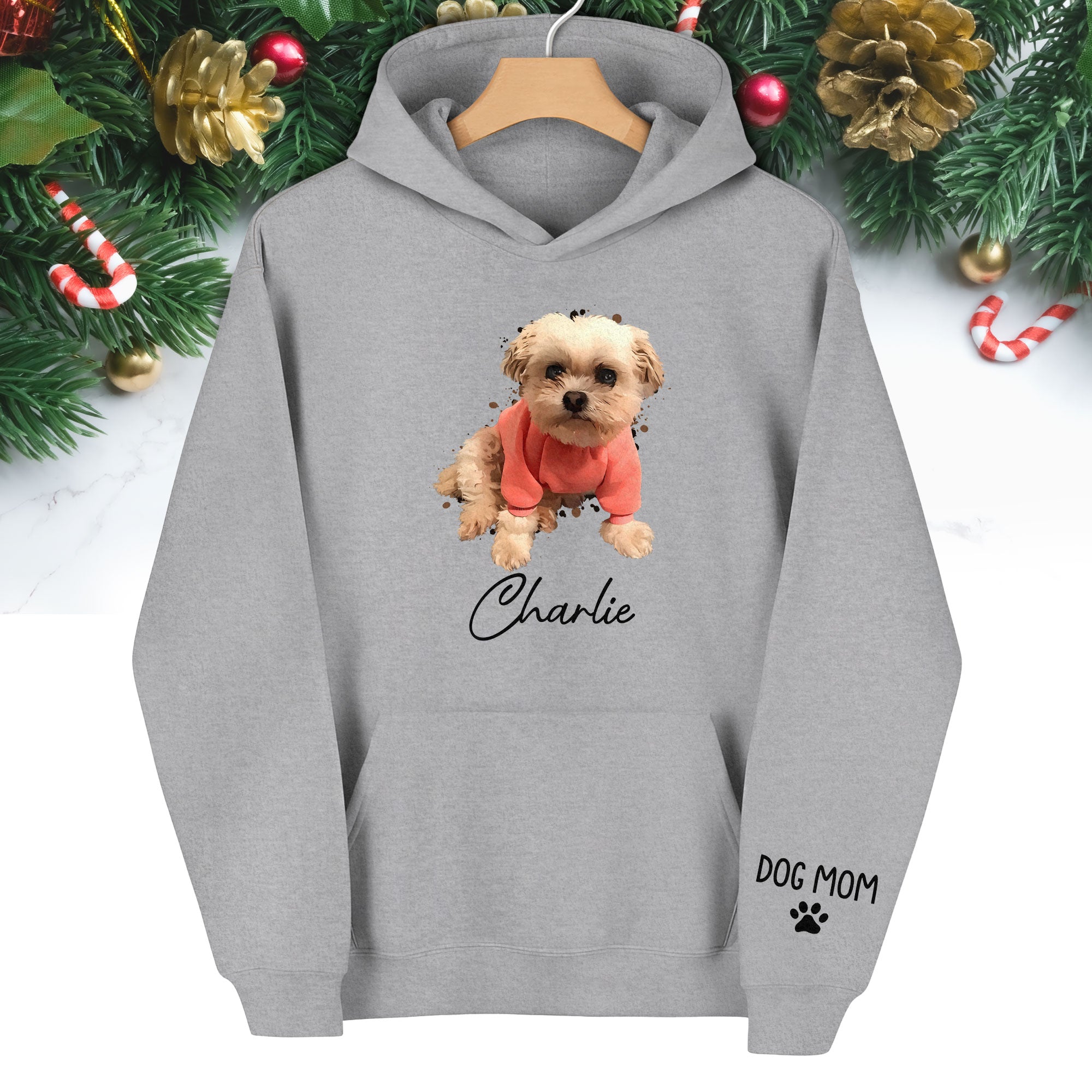 Personalized Dog Mom Hoodie – Custom Dog Photo Hoodie with Pet Name, Unique Holiday Gift for Pet Lovers