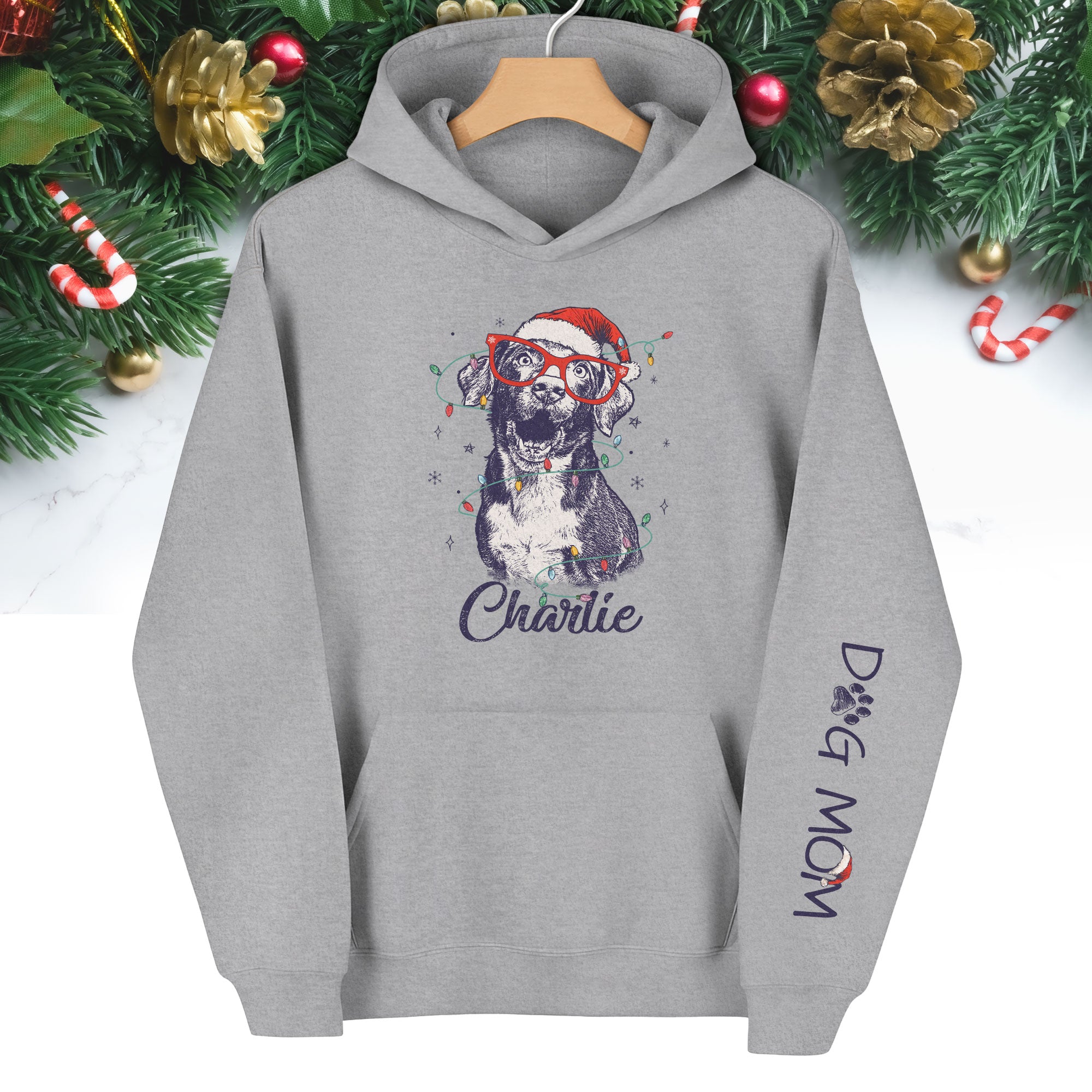 Personalized Dog Mom Hoodie – Custom Dog Photo Hoodie with Holiday Design