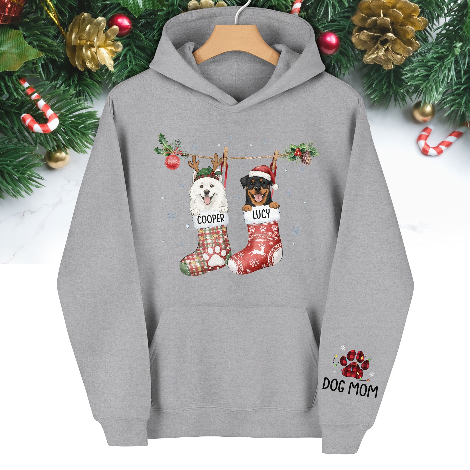 Custom Christmas Dog Hoodie – Personalized Holiday Hoodie with Your Dog’s Photo in Festive Stockings