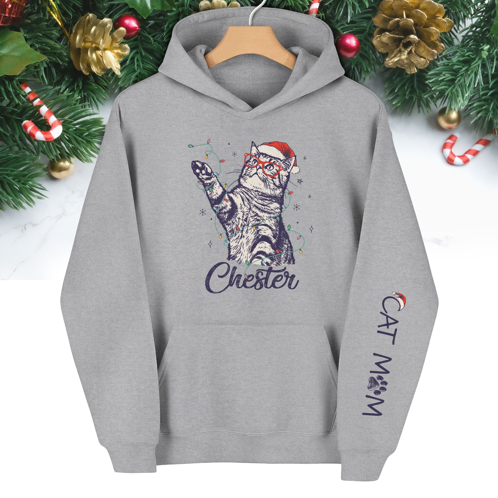 Christmas Cat Mom Hoodie – Personalized Cat Photo Hoodie, Custom Holiday Gift for Women