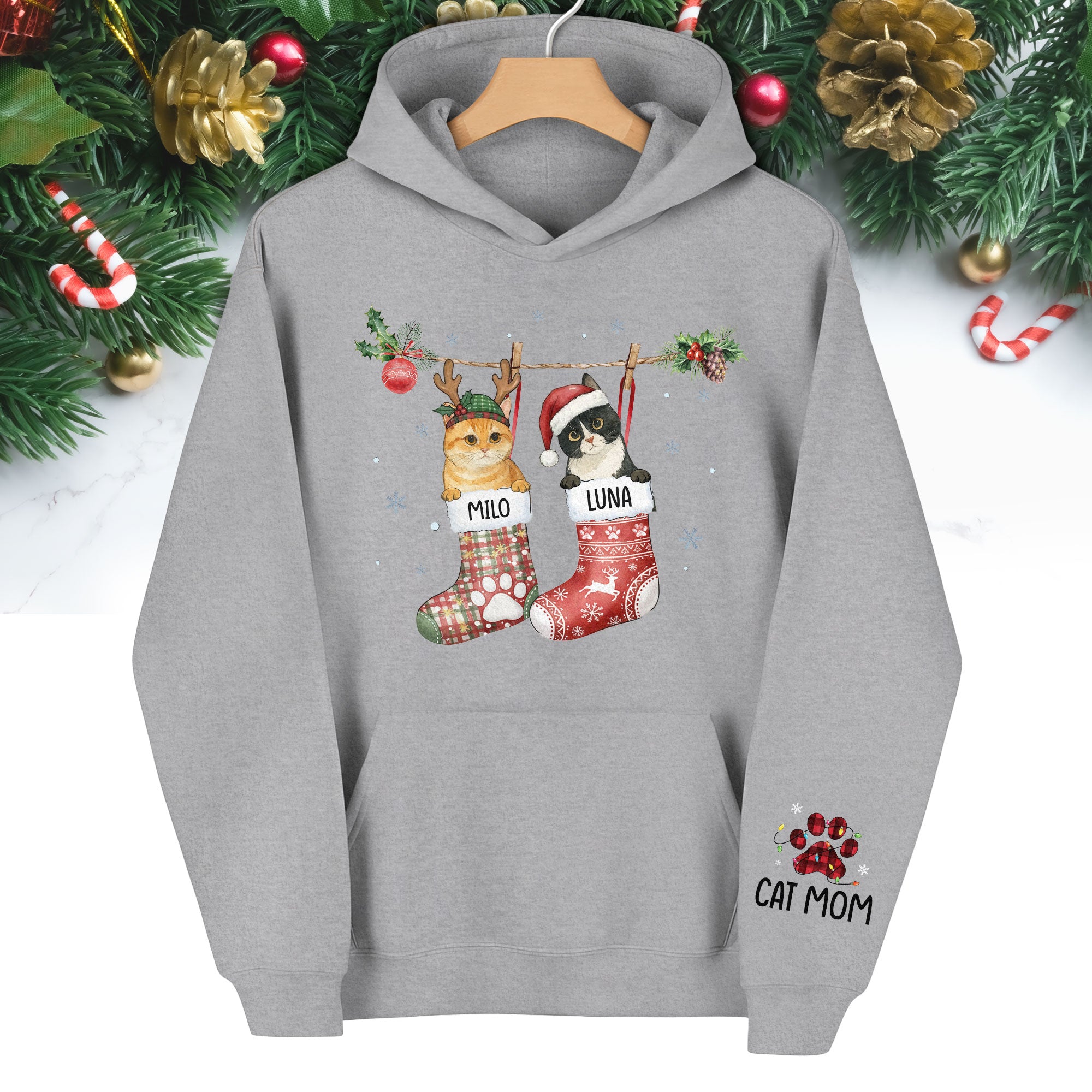 Christmas Cat Lover Hoodie – Custom Pet Photo Hoodie, Personalized Gift for Women
