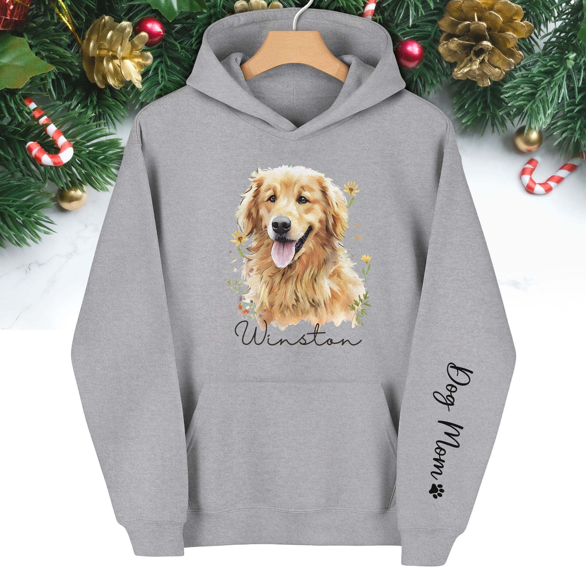 Custom Pet Photo Hoodie – Personalized Dog Portrait with Floral Design, Dog Mom Gift