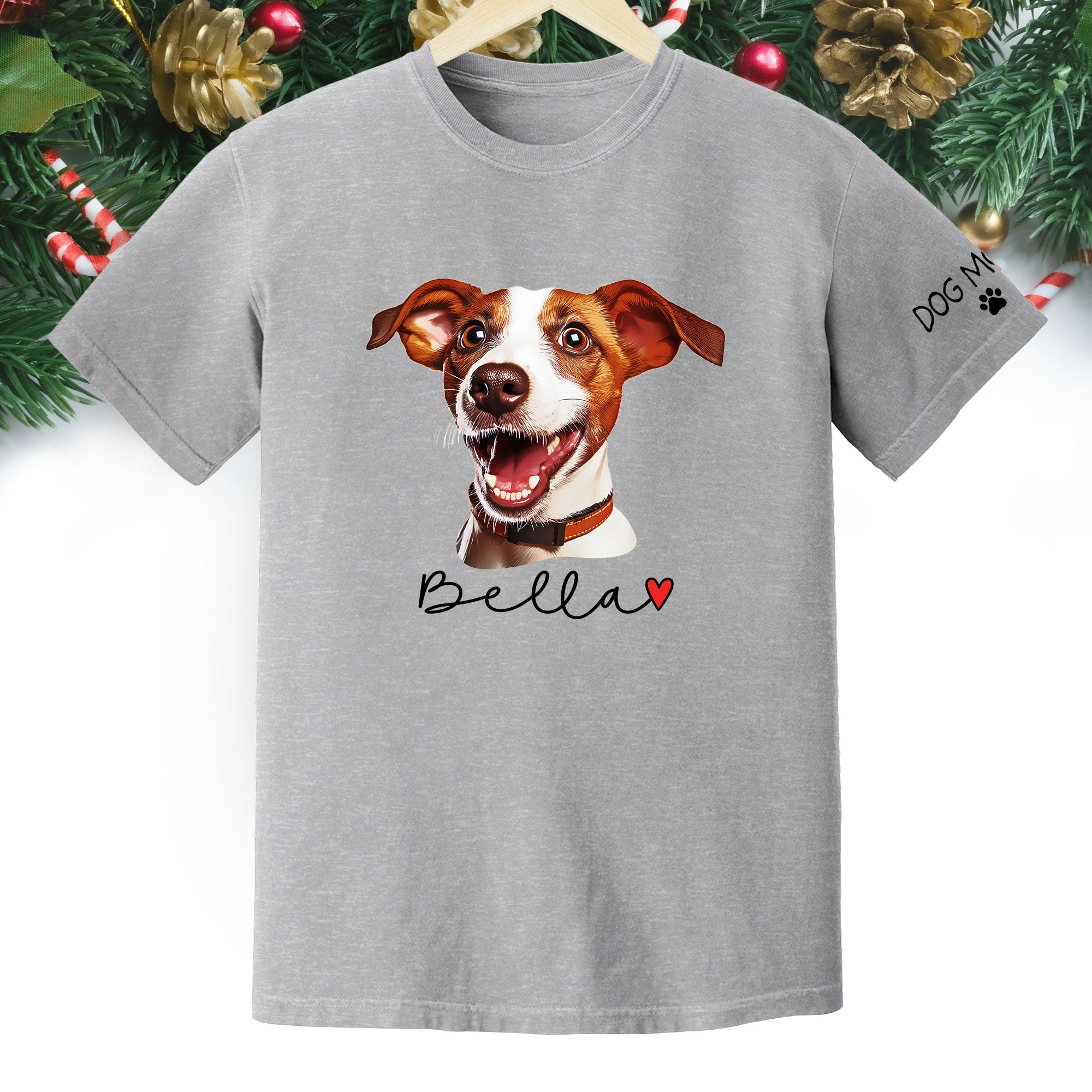 Dog Mom Christmas Shirt – Custom Pet Portrait Tee, Personalized Holiday Gift for Women