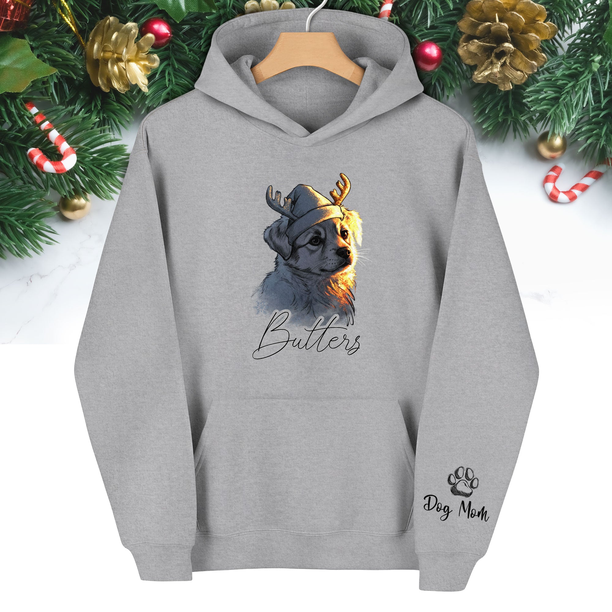 Festive Dog Mom Hoodie – Cute Christmas Pullover for Women