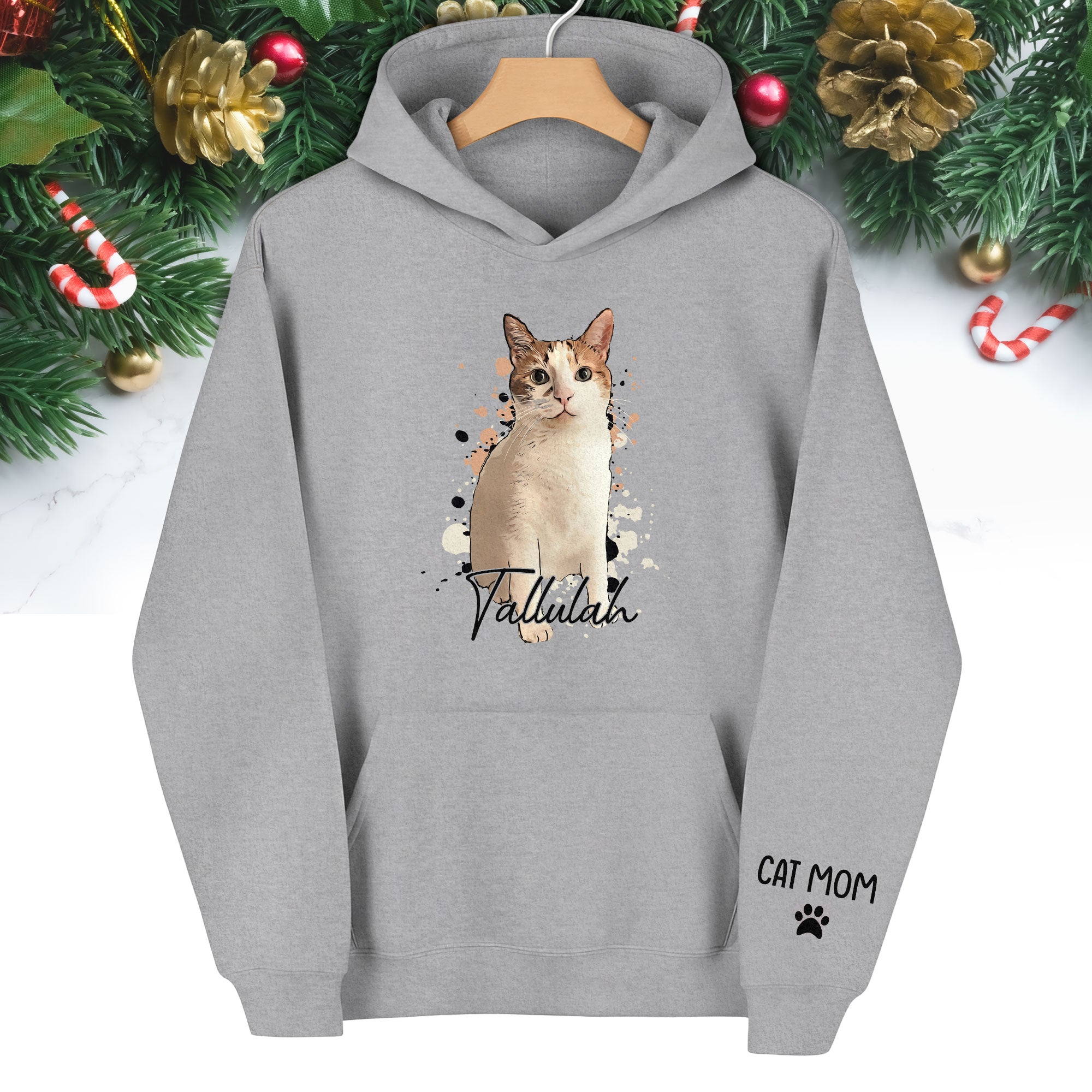 Personalized Cat Mom Hoodie – Custom Cat Photo Hoodie with Pet Name, Unique Holiday Gift for Cat Lovers
